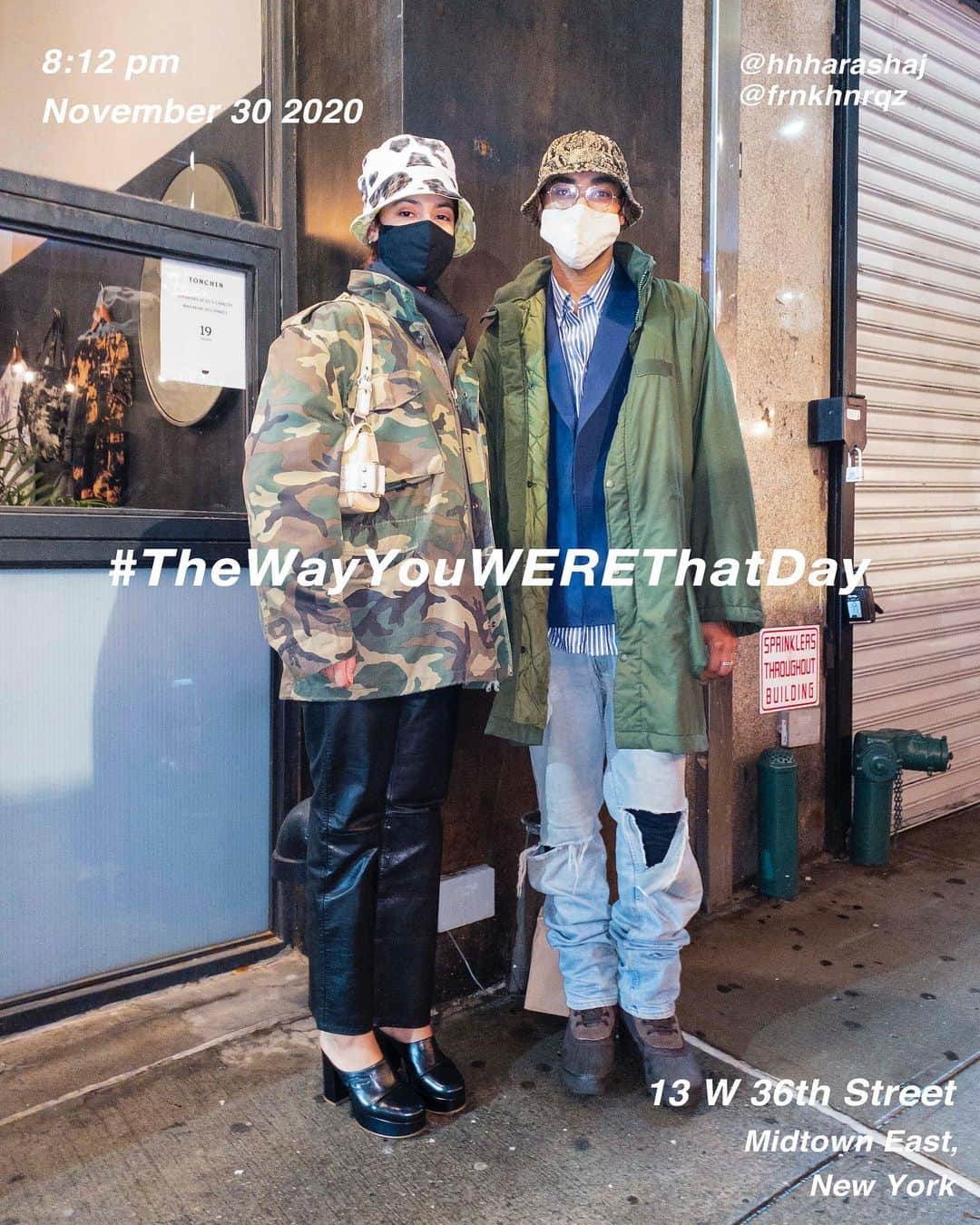 筒井心一のインスタグラム：「@hhharashaj and @frnkhnrqz on 13 #West36thStreet at 8:12 pm, November 30 2020, #NewYork ﻿ #OutfitOfTheDay = #TheWayYouWEREThatDay」