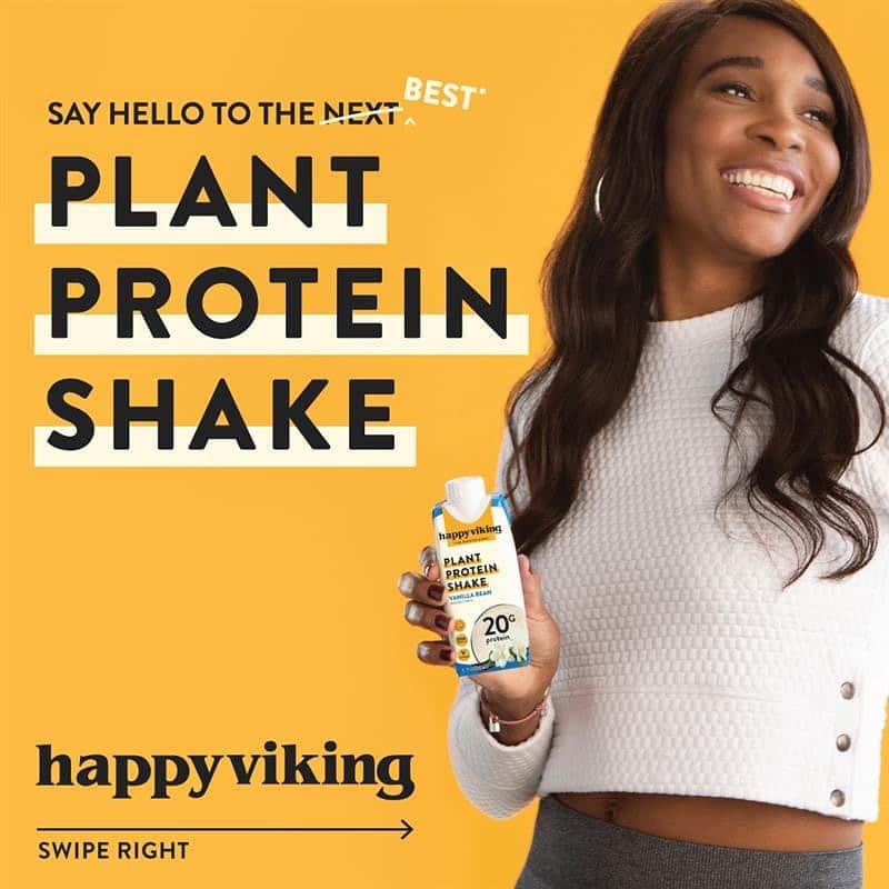 ビーナス・ウィリアムズのインスタグラム：「IT'S OFFICIALLY HERE! Say hello to Happy Viking, fuel for body & mind. I can't wait for you to try my new plant protein shake. Follow @drinkhappyviking and sign up for emails to get my trial discount. XO Venus」