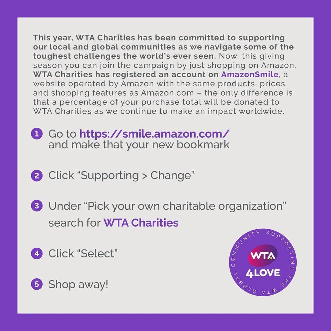 WTA（女子テニス協会）さんのインスタグラム写真 - (WTA（女子テニス協会）Instagram)「Did you know you can support WTA Charities just by shopping on Amazon? #GivingTuesday #WTA4Love」12月2日 3時36分 - wta