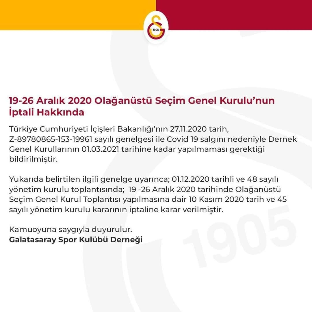 ガラタサライSKさんのインスタグラム写真 - (ガラタサライSKInstagram)「19-26 Aralık 2020 Olağanüstü Seçim Genel Kurulu’nun İptali Hakkında」12月2日 1時05分 - galatasaray