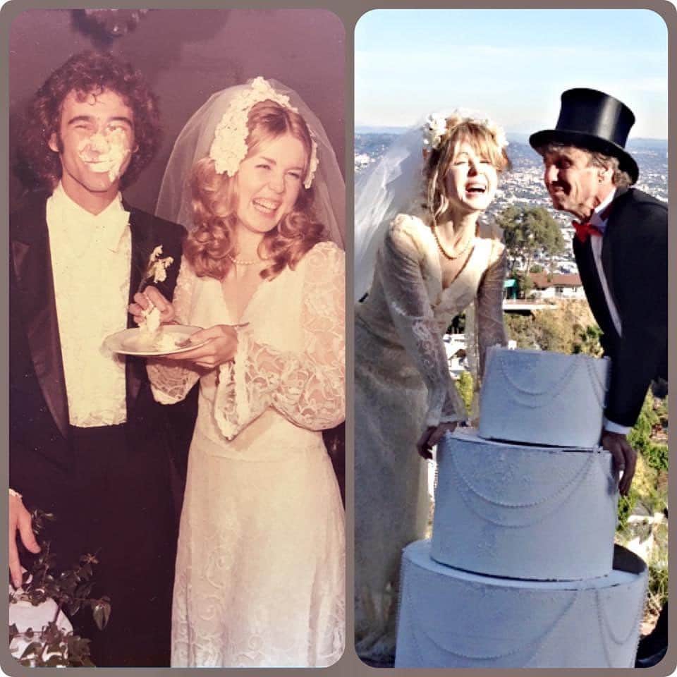 ボニー・モーガンのインスタグラム：「47 years later not much has changed... they’re still blissfully in love, she’s still laughing, and still in the same dress (SERIOUSLY! That’s the same dress ) Happy 47th Anniversary to the happiest couple I know! I love you Mom & Dad, you make it look so easy ❤️🎂✨ #happyanniversary #47years #weddedbliss #pixiecouple #thehappycouple #relationshipgoals #stillrockingthedress #shenanigans #congratulations #theflyingmorgans #bendybonnie」