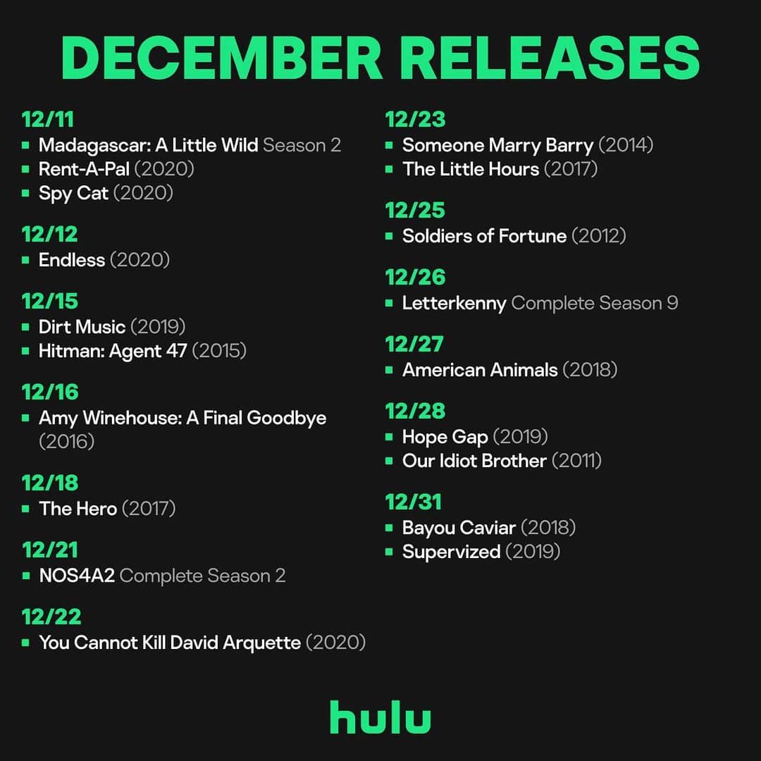 Hulu Home of Emmy-winningさんのインスタグラム写真 - (Hulu Home of Emmy-winningInstagram)「New releases are coming to town 🍿」12月2日 3時45分 - hulu