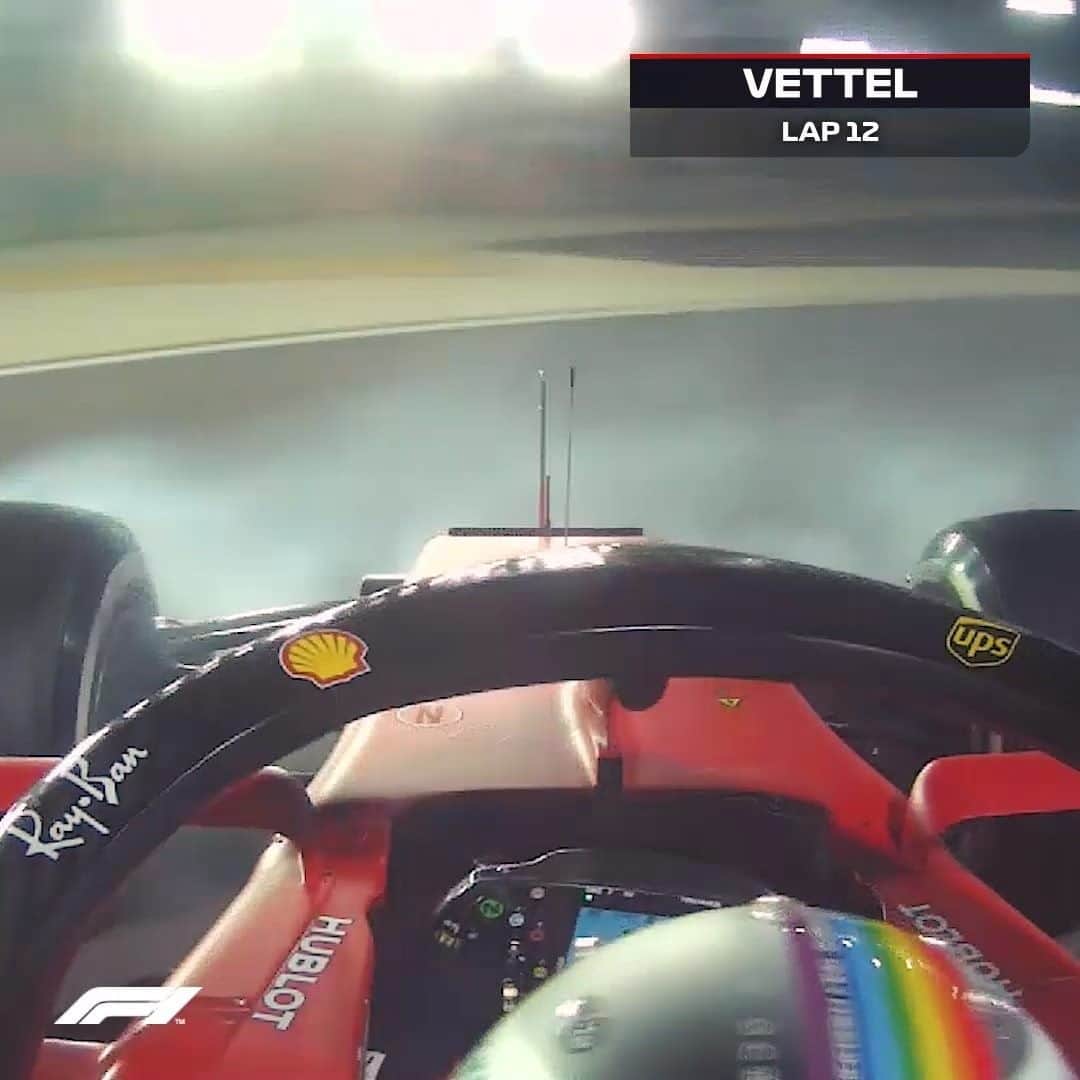 のインスタグラム：「"It's ridiculous" 😡  Vettel fumes as he spins in turn 11 😯  #BahrainGP #F1 #Formula1 #FlyEmiratesFlyBetter @emirates」