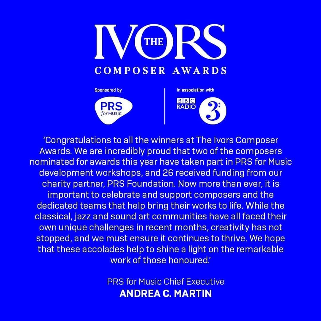 PRS for Musicのインスタグラム：「Congratulations to all of tonight's nominees and winners 🎉🏆  A huge well done and thank you to @bbcradio3 and @ivorsacademy for such a wonderful celebration of music and the talented musicians behind it. 👏  #TheIvorsComposerAwards」