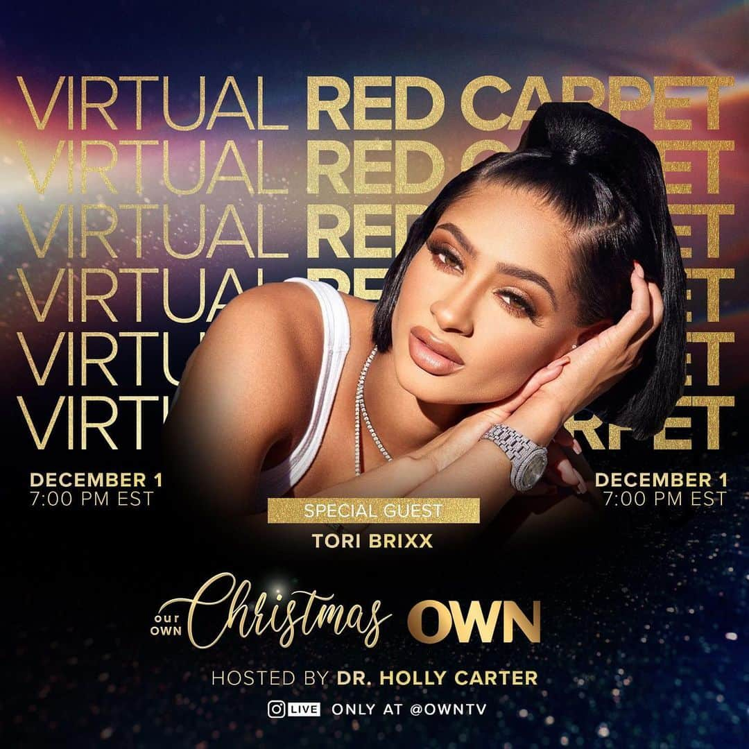 Tori Hughesのインスタグラム：「Tonight before the #OurOWNChristmas premiere at 9|8c, please join me on the Virtual Red Carpet on @owntv IG LIVE hosted by @Drhollycarter at 7:30PM ET/4:30PM PT! 🤩 For more updates on holiday giveaway for 5 lucky Young Moms keep up with me and @drhollycarter for the chance to be blessed!  . . . #premierenight #virtualredcarpet #drhollycarter #toribrixx」