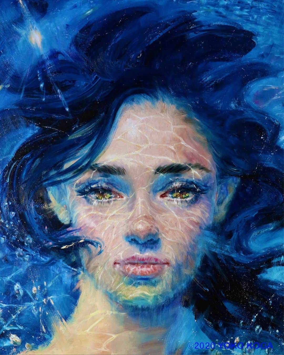 古賀陽子さんのインスタグラム写真 - (古賀陽子Instagram)「“The Light in the Water” 2020, oil on canvas, 1620x1300mm "水中の光” F100号  憂いを帯びているようにも微笑んでいるようにも見える複雑な表情で、何かの苦難を乗り越えた直後を女性を表現しました。 一筆描きのように一気に描いた動きのある髪で、人生の変化を表現しています。 一点の光は希望を表現しています。 ・ ———————————————————————  #アート #アーティスト #アートワーク  #アートコレクター #画家 #美術館 #作品 #絵画展 #アートのある暮らし #絵画のある暮らし #絵のある暮らし #アート好きな人と繋がりたい #ギャラリー #個展  #油絵 #画廊 #人物画 #美人画 #神戸 #三宮 #北野坂 #西宮 #art #artwork #gallery #artist #oilpaintartist #exhibition #古賀陽子 #yokokoga」12月2日 15時47分 - y.koga7