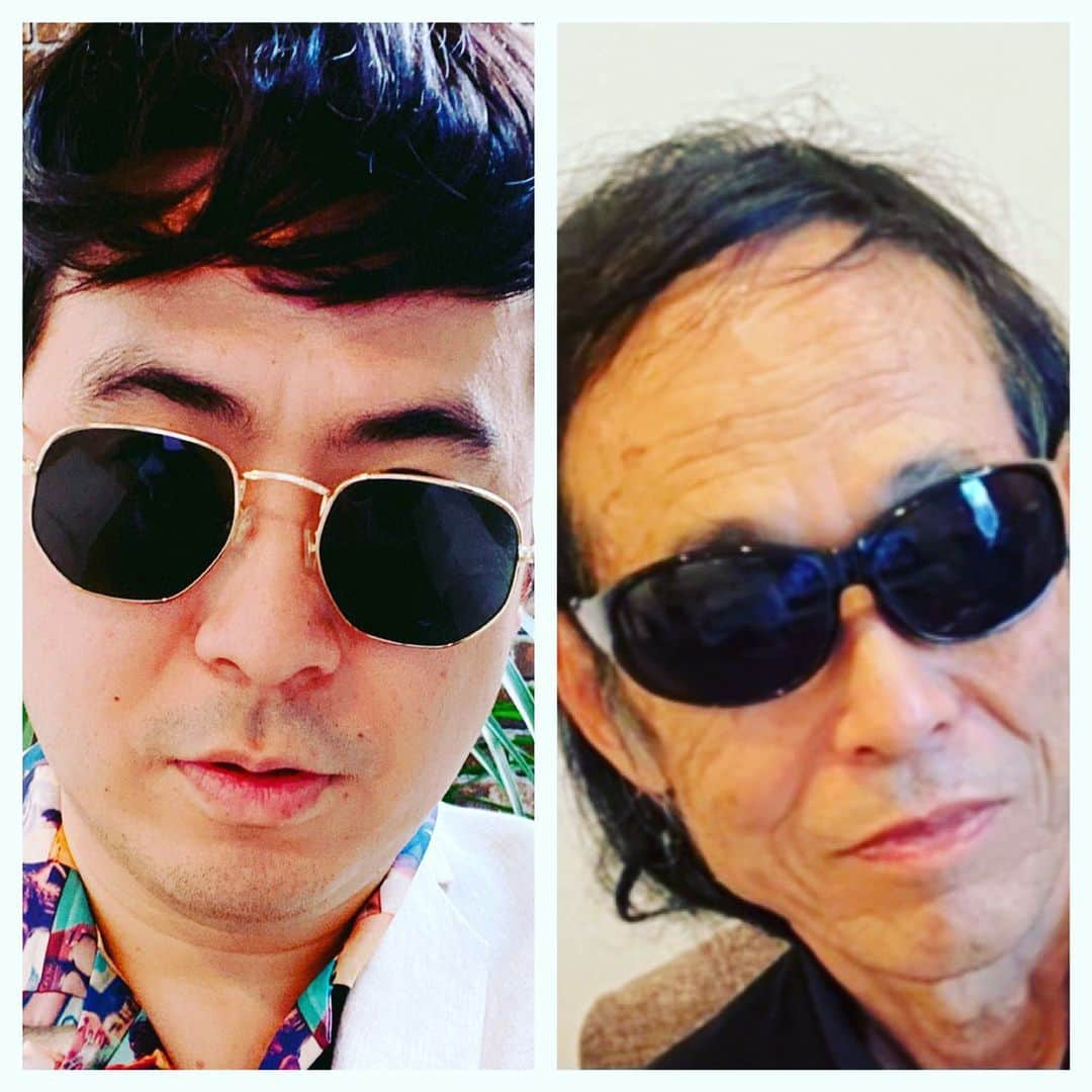 斎藤司のインスタグラム：「左僕　右父 #ある日突然かけてきた #謎のマトリックスサングラス #真面目な父 #ミスター几帳面 #集合時間20分前到着当然 #明日家10時に出るぞ #当日9時半になったら #家出るぞ！ #僕にはない時間きっちり男 #父さんいつもありが頭皮 #健康キボンヌ #木ボンヌ久々」