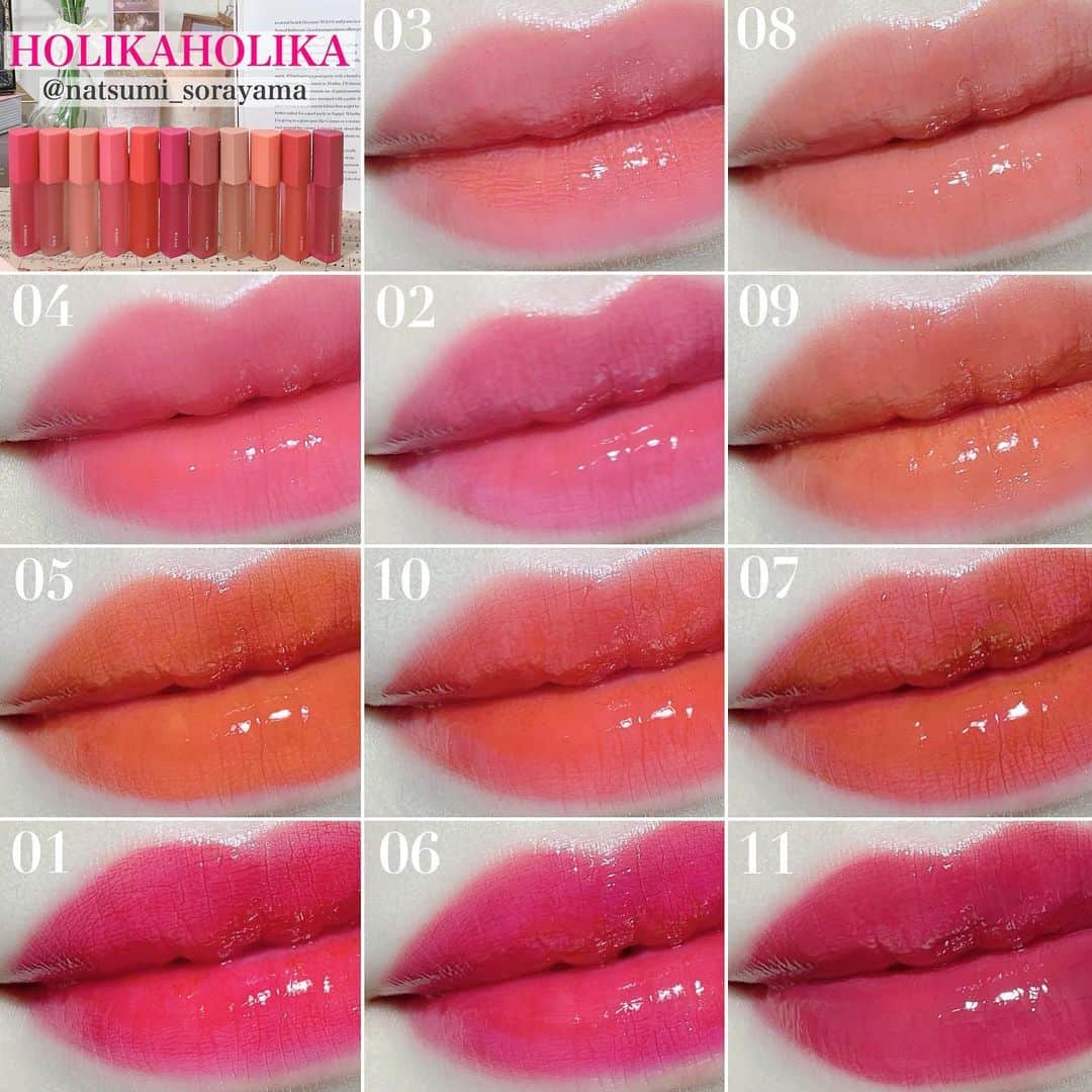 のインスタグラム：「♡ @holikaholika_jp のティント全色塗り比べ💄 . . 💟ハートクラッシュグローティントエアー Qoo10公式ショップ 1,200円　全11色 . 見た目から可愛いハート型のティント😍 スルスル〜っと伸びて軽いつけ心地やけど 水っぽすぎないからマスクメイクにもぴったり🌈 薄塗りで仕上げても可愛いし、もちろん しっかり塗ってはっきりリップも可愛いよ🙆‍♀️❤️ 11色っていうカラバリの豊富さやから どんなメイクの系統の方でも好みの色が見つかりそう✨ . . ✔️01 WINSOME 華やかなピンクレッドで、 ガーリー系の人に好まれそう💕 薄く塗ればナチュラルにも使えます！ . ✔️02 WIG 落ち着いた淡いくすみピンク❣️ 可愛さも上品さも兼ね備えて派手すぎひんから 私はこの色が一番お気に入り🤤💘 . ✔️03 BAE ピーチコーラルカラーで淡く色づくから ナチュラル使いにぴったり👍ピンクより オレンジ派な方には一押しかも☺️ . ✔️04 BUBBLEY ザ・コーラルカラーなんやけど私的に このコーラルはめっちゃ理想の色🎶 ティントのフレッシュ感が活きる💕 . ✔️05 OH! フレッシュなオレンジ系カラーなんやけど 私の場合少し柿っぽくくすみ感も出た！ テラコッタとかブラウン系のメイクに合わせても 可愛い予感✨ . ✔️06 LA-LA プラムレッドって書いてあった通り 全色の中で一番青み寄りの赤ティント🌹 ブルベさんに特におすすめ！ . ✔️07 HUSH （BEST） 一番人気色のこちらは今っぽい ブラウン寄りのカラーでトレンド感も 兼ね備えてる秋冬ぴったりの色味🎶 . ✔️08 CUDDLY 🆕 全色の中で一番淡いベージュカラー。 薄塗りならすっぴん唇みたいになるし しっかり塗れば血色感も出せるよ🙆‍♀️ . ✔️09 COMELY 🆕 ブラウンを淡くしたような上品なカラー。 ちょっとくすみのニュアンスもあるから 落ち着いた大人の印象になれます🌟 . ✔️10 BRINK 🆕 リンゴのような紅色カラーやけど 塗ってみたら少しオレンジ寄り！ コーラルと赤の良いとこ取りした色味😉 . ✔️11 DRIPPIN’ 🆕 おしゃれなバーガンディーカラー💕 薄塗りでもしっかり発色します。 深みのある色味が好きな方にはこれ！ . . . . . #HOLIKAHOLIKA #ホリカホリカ #홀리카홀리카 #韓国化粧品 #韓国コスメ #新作コスメ #qoo10official_cosme﻿ #ティント #ティントリップ  #ソラメイク #コスメ垢 #コスメレポ #コスメレビュー #メイク動画  #コスメオタク #赤リップ #ブラウンリップ #リップ #コスメ好きさんと繋がりたい #コスメコンシェルジュ #ハートクラッシュグローティントエアー」