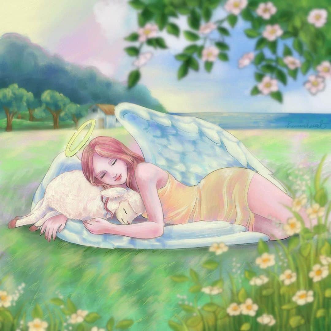 のインスタグラム：「. お昼寝💤 こんなに緑が多い絵描くのはじめてかも . ちょっと忙しいのでデジタルにしたけど、やっぱり苦手分野かも〜うまくいかん . #aestheticart#aesthetic#pastelart#kawaiiart#pastelaesthetic#kawaiiaesthetic#pastelpallets#cuteart#illustration#kawaii#princess#dtiys#dtiyschallenge#イラスト #イラストグラム#メイクイラスト」