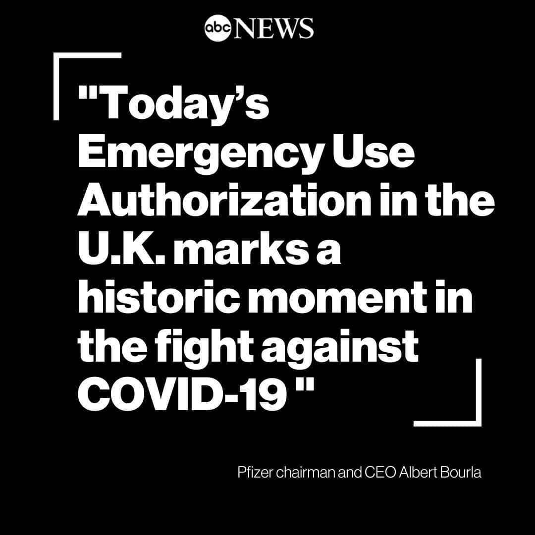 のインスタグラム：「"Today’s Emergency Use Authorization in the U.K. marks a historic moment in the fight against COVID-19," Pfizer chairman and CEO Albert Bourla said in a statement. READ MORE AT LINK IN BIO.」