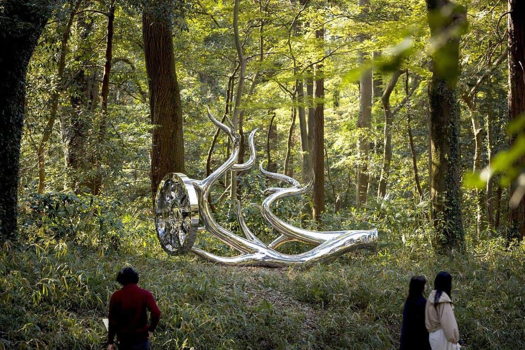 松山智一のインスタグラム：「“Wheels of Fortune” a stainless steel sculpture currently exhibited at Meiji Shrine, Tokyo, to celebrate its centennial, will be up until Dec 13th.   創建100周年を記念し明治神宮で現在開催中の野外彫刻展「天空海闊（てんくうかいかつ）」にて展示中の立体作品《Wheels of Fortune》 12月13日（日）まで展示中。残りわずか、散策がてらご覧ください。 ﻿ ﻿会場：明治神宮内苑」