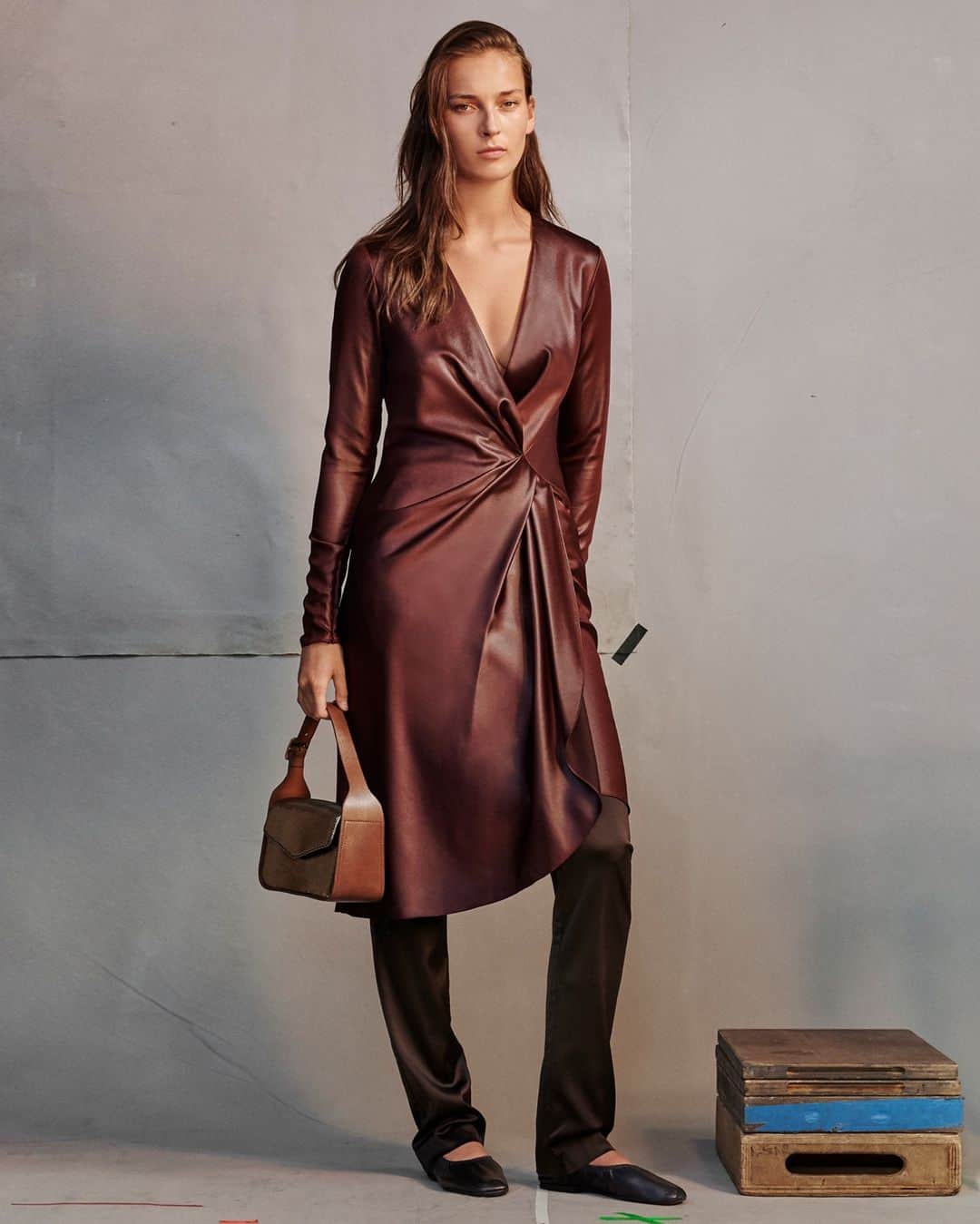 ラグ&ボーンのインスタグラム：「No need to decorate when you're wearing the Mckenzie Midi Dress - a foil-coated, slim fit burgundy dress with an invisible zip closure and the perfect drape detail.」