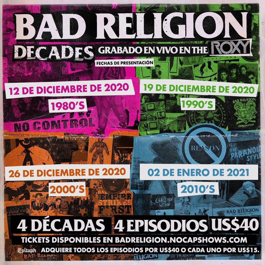 Bad Religionさんのインスタグラム写真 - (Bad ReligionInstagram)「4 DÉCADAS 4 EPISODIOS Tickets disponibles en badreligion.nocapshows.com enlace en bio」12月3日 0時37分 - badreligionband
