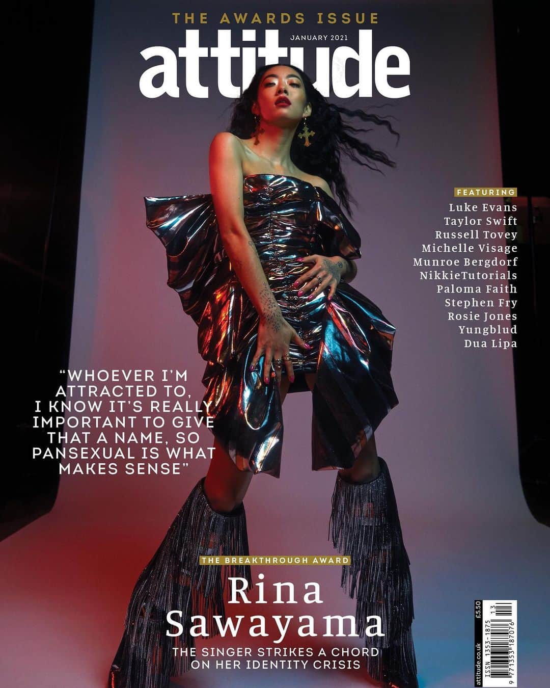 リナ・サワヤマのインスタグラム：「thank u @attitudemag awards for the BREAKTHROUGH award 2020 and for my gorgy cover ! I’m so so honoured ! being a part of this amazing community is what has saved me so many times in my life so to be recognised by u means so much ! make sure u check out the show in my stories, i did a cute lil performance too 😍 thank u to icon @mnek who presented me with the award for ur oooverwhelmingly kind words !! #attitudeawards」