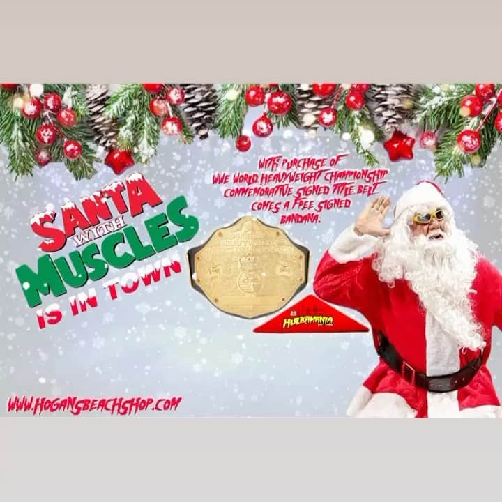 ハルク・ホーガンのインスタグラム：「Santa With Muscles💪 is in town & @hogansbeachshop is just getting started🎁 With every Purchase of a Autographed WWE World Heavyweight Championship Commemorative Title Belt Comes a Free Signed Bandana 😱💯 @hogansbeachshop Shop now Christmas is here 🎄#christmas #wrestlingbelt #wwe #hulkhogan #hogansbeachshop #clearwaterbeachflorida https://hogansbeachshop.com/products/wwe-world-heavyweight-championship-commemorative-title-belt-signed?_pos=8&_sid=8c2a9fec9&_ss=r」