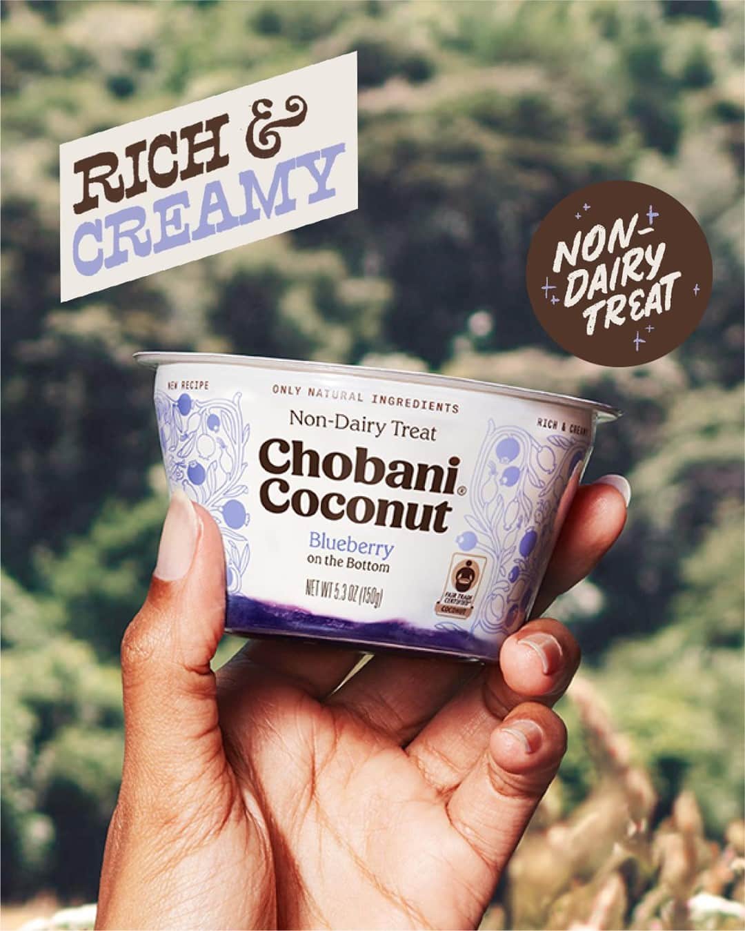 Chobaniのインスタグラム：「Chobani® Coconut Blueberry Non-Dairy Treat, a rich and creamy coconut indulgence crafted from Fair Trade Certified™ coconuts, layered atop real, juicy blueberries. And it has an all-new look. Comment with a coconut if you want to try it 🥄 🥥」