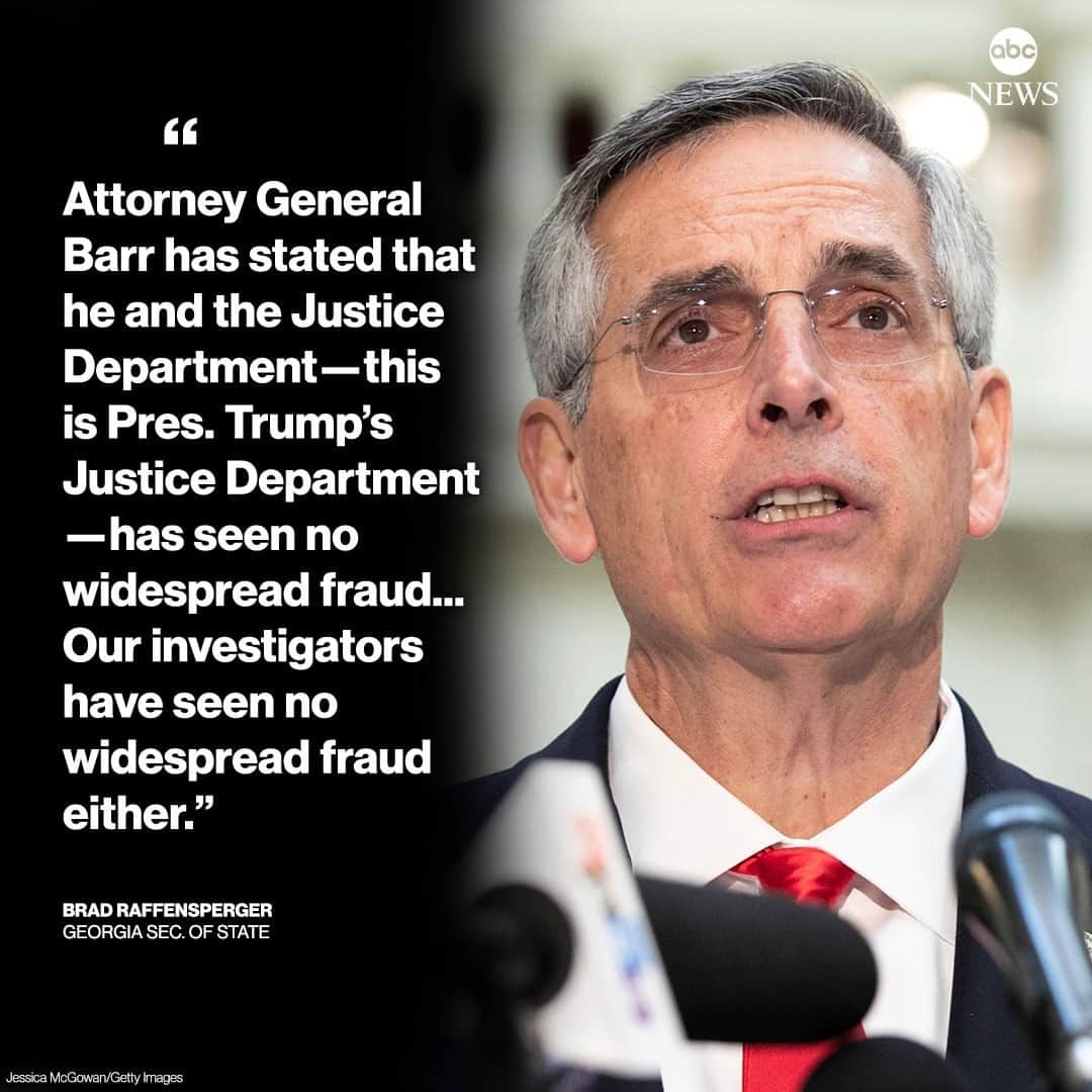 ABC Newsさんのインスタグラム写真 - (ABC NewsInstagram)「Georgia elections chief fires back at Pres. Trump: "Attorney General Barr has stated that he and the Justice Department—this is Pres. Trump's Justice Department—has seen no widespread fraud...Our investigators have seen no widespread fraud either." #georgia #bradraffensperger #elections #georgiaelections #donaldtrump⁠ ⁠ Read more at LINK IN BIO.」12月3日 3時39分 - abcnews