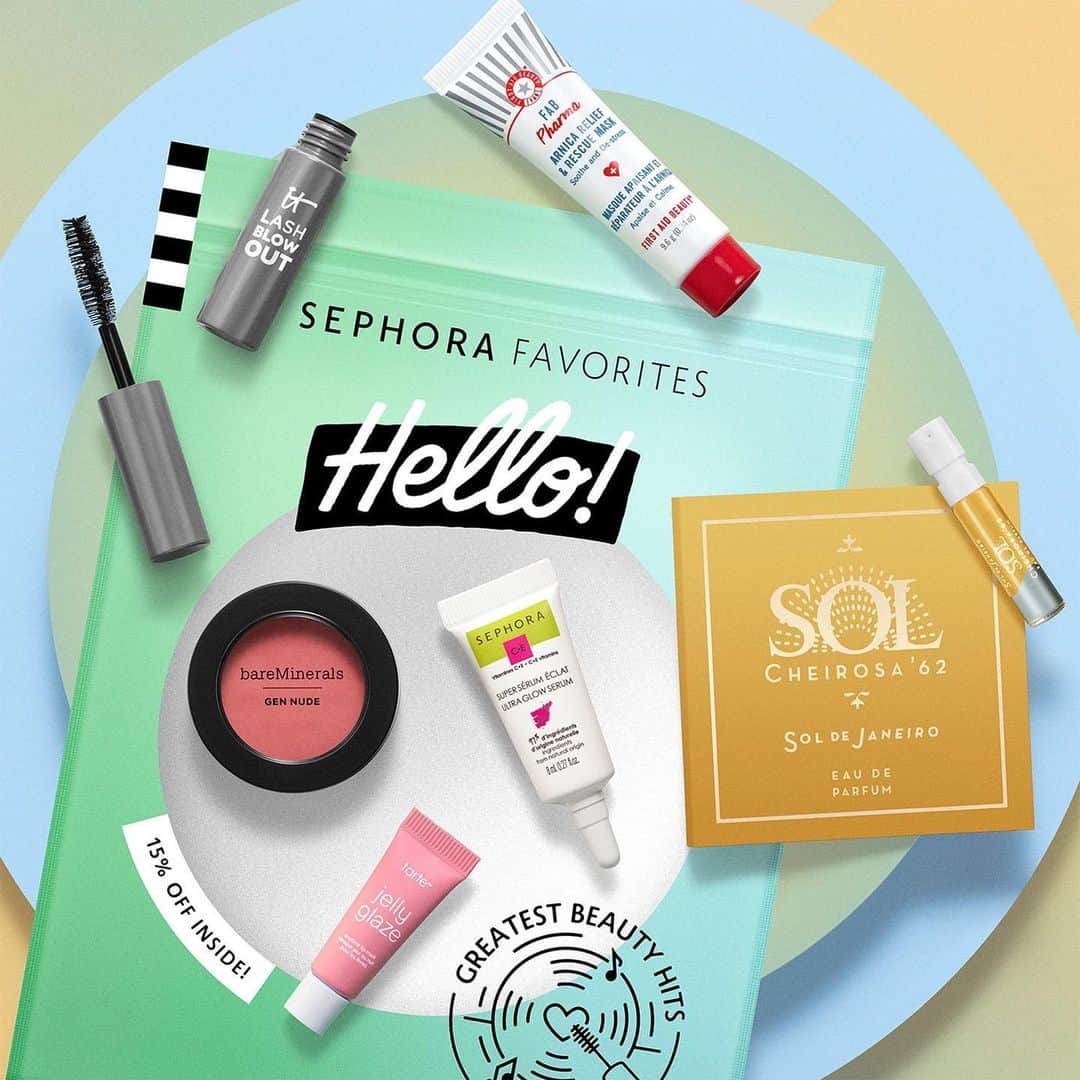のインスタグラム：「A new Sephora Favorites Hello! is here 😍 This bag of sample goodness is bound to top the charts. Try six of our greatest beauty hits from brands like @itcosmetics and @soldejaneiro for just $10. BONUS—get 15% off the full-size version of anything in the bag 🤑  Sephora Favorites Sephora Favorites Hello! Greatest Beauty Hits」
