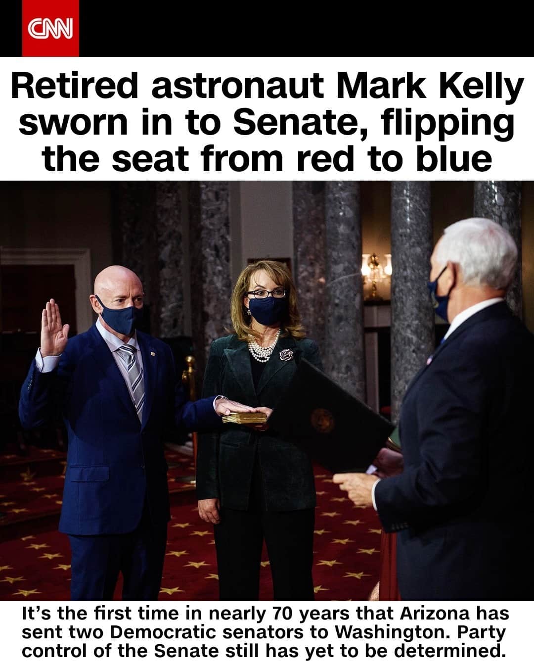 CNNさんのインスタグラム写真 - (CNNInstagram)「Democrats picked up a Senate seat on Wednesday when retired NASA astronaut Mark Kelly was sworn in as a US senator for Arizona. Sending two Democratic senators to Washington will mark a first in nearly 70 years for Arizona. Kelly was able to take the oath of office Wednesday since he won a special election, while other senators-elect will have to wait until January. Kelly has said that serving the remainder of John McCain’s term is deeply significant to him, describing the late senator as someone he looked up to when he was a 22-year-old pilot in flight school.⁠ (📸: Nicholas Kamm/AFP/Getty Images)⁠」12月3日 8時01分 - cnn