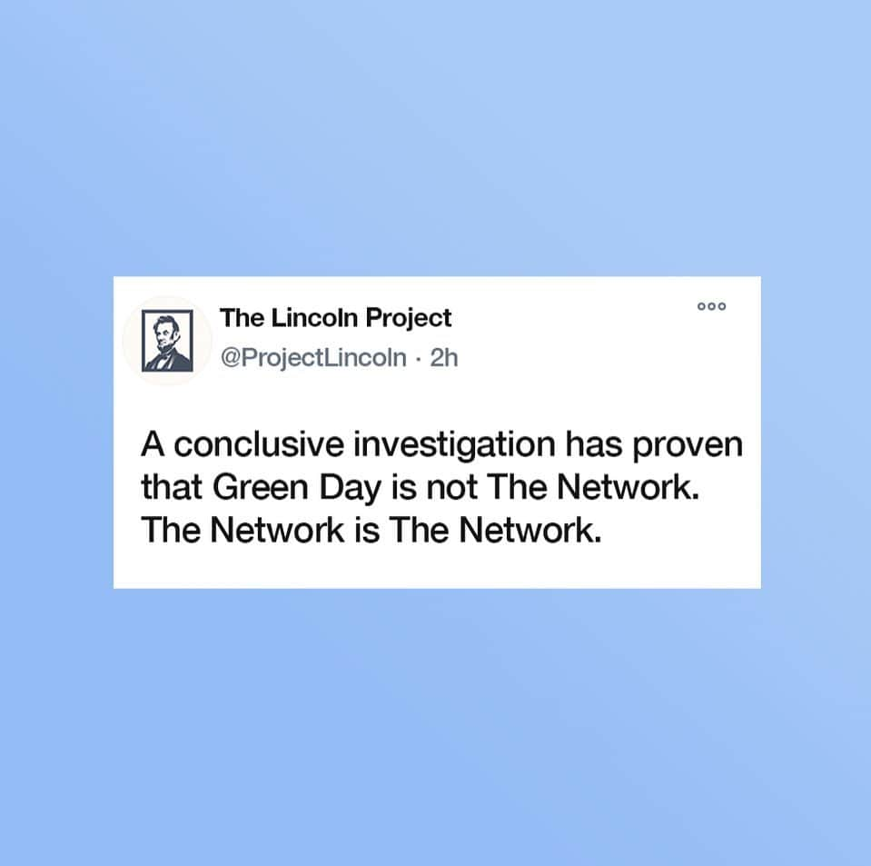 Green Dayさんのインスタグラム写真 - (Green DayInstagram)「We’ve noticed way too many conspiracies thrown around and thankfully The Lincoln Project has debunked things once and for all. Please ask yourself is there really any way that Green Day could actually be @thenetwork?」12月3日 8時34分 - greenday