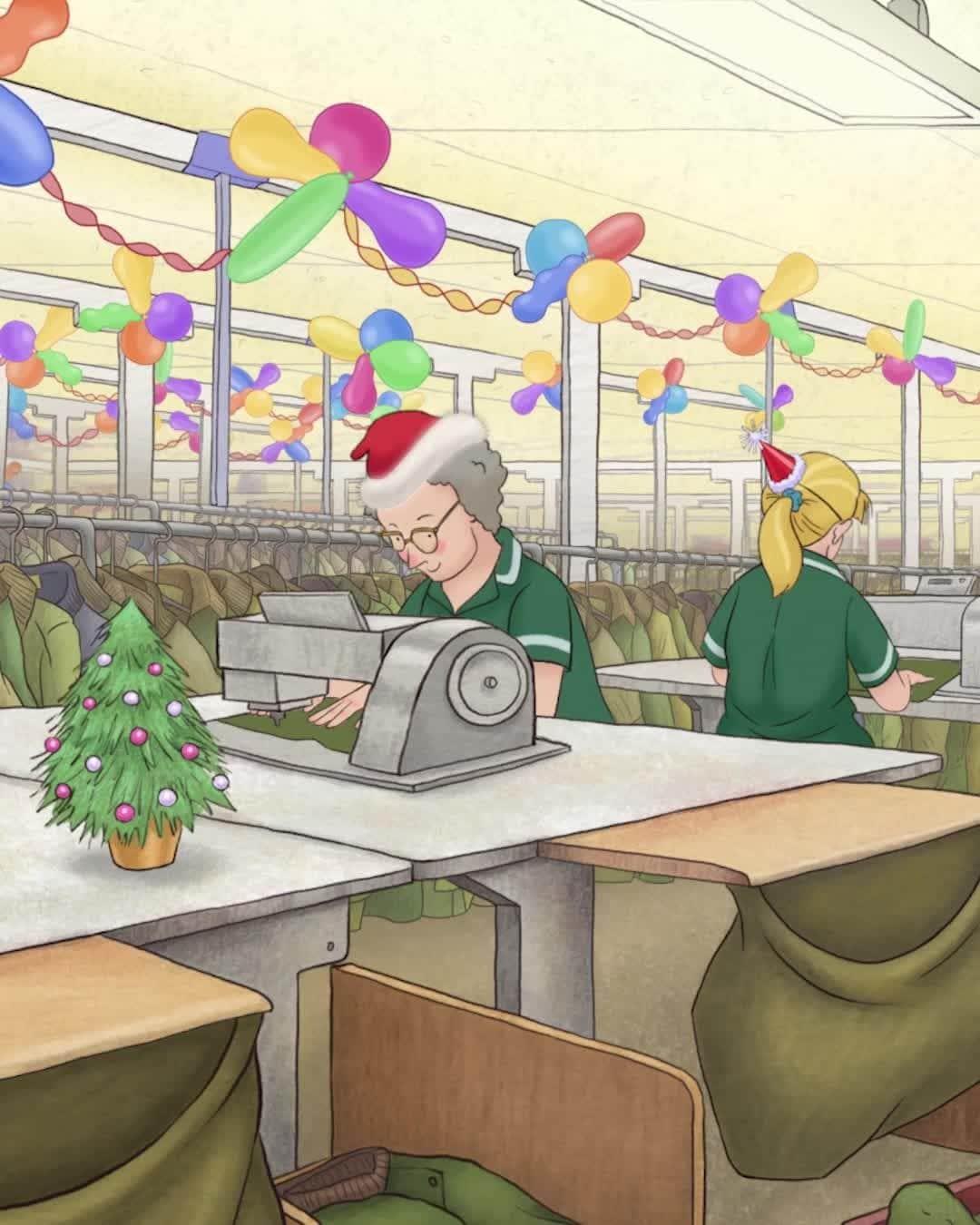 のインスタグラム：「こちらはRaymond Briggsが描くアニメーションとして知られる「Father Christmas」とのコラボレーションムービーです。 商品の生産や修理を行うSouth Shieldsの工場が表現されております。  #BarbourChristmas」