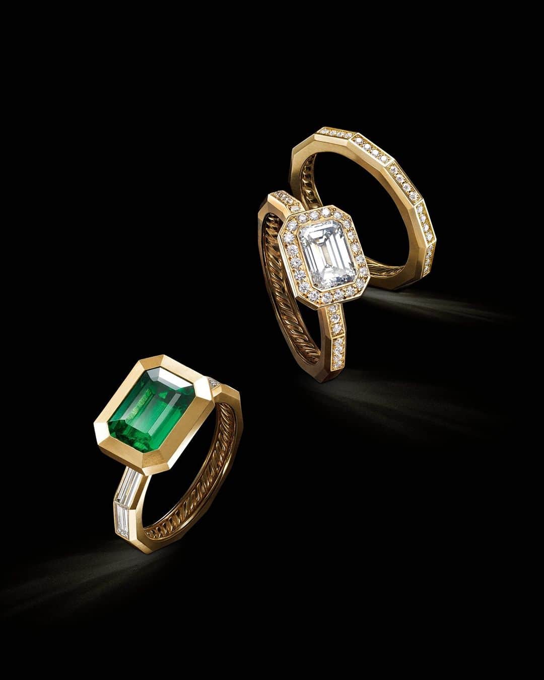 デビッドヤーマンのインスタグラム：「Love inspires. Color and form unite in the ultimate symbols of partnership—hand set with custom-cut diamonds and Colombian emeralds.  - To inquire about these designs, please visit your nearest boutique or book an appointment online with one of our wedding specialists. #DavidYurman」