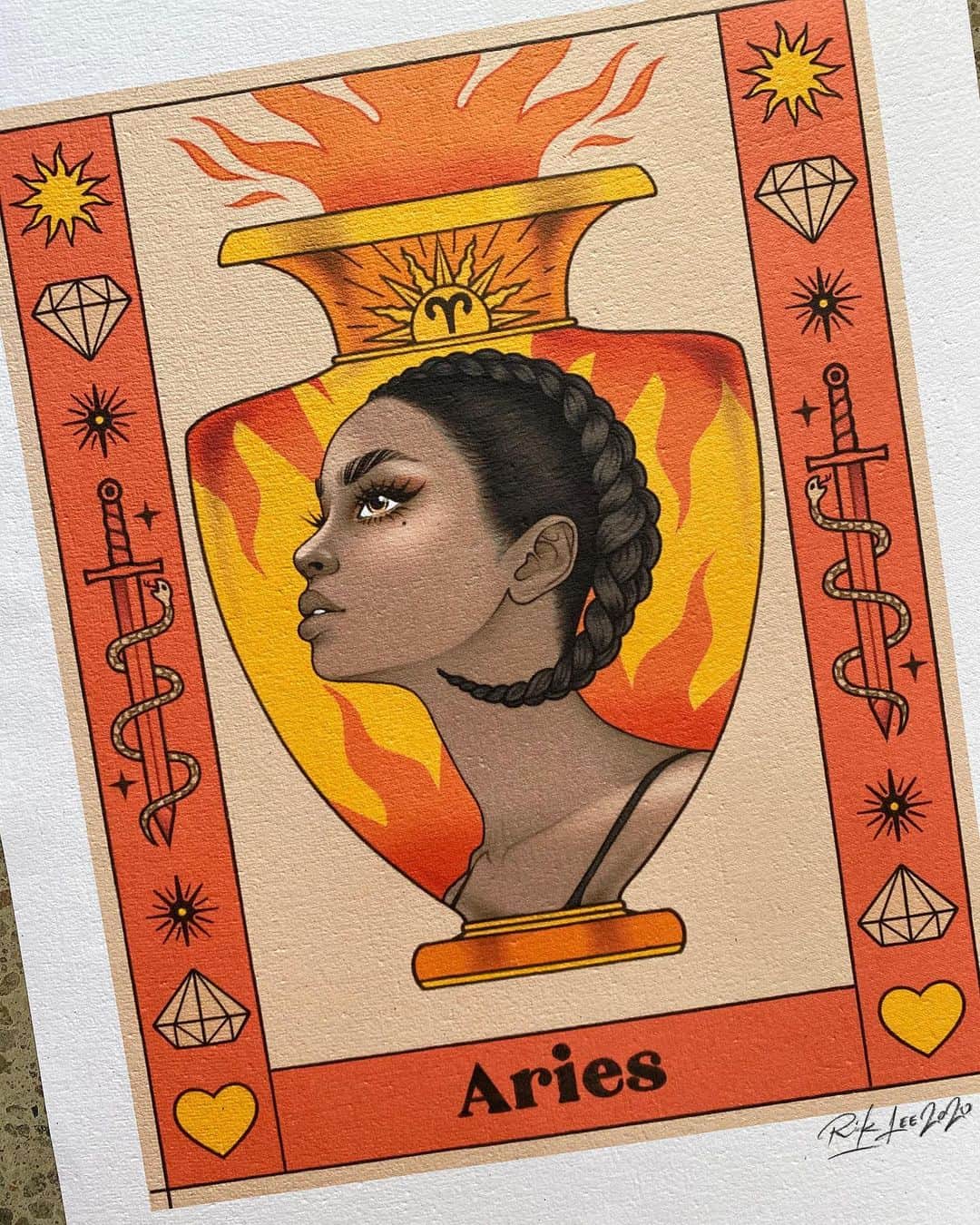 Rik Leeさんのインスタグラム写真 - (Rik LeeInstagram)「Aries ♈️  . Courageous, confident, passionate and a little impulsive. Another fiery fire sign babe.  . 8 down and 4 to go! If you’re impatient (another Aries trait) I apologise for the delay in completing this series. I have quite a lot of work on, so I’m doing my best to draw these in between other commitments. Thanks for checking them out and to those who’ve grabbed one and left comments. . #riklee #illustration #zodiac #aries #art #design #graphicdesign #tattoo #fire #tarot #starsign #drawing」12月3日 10時43分 - rikleeillustration