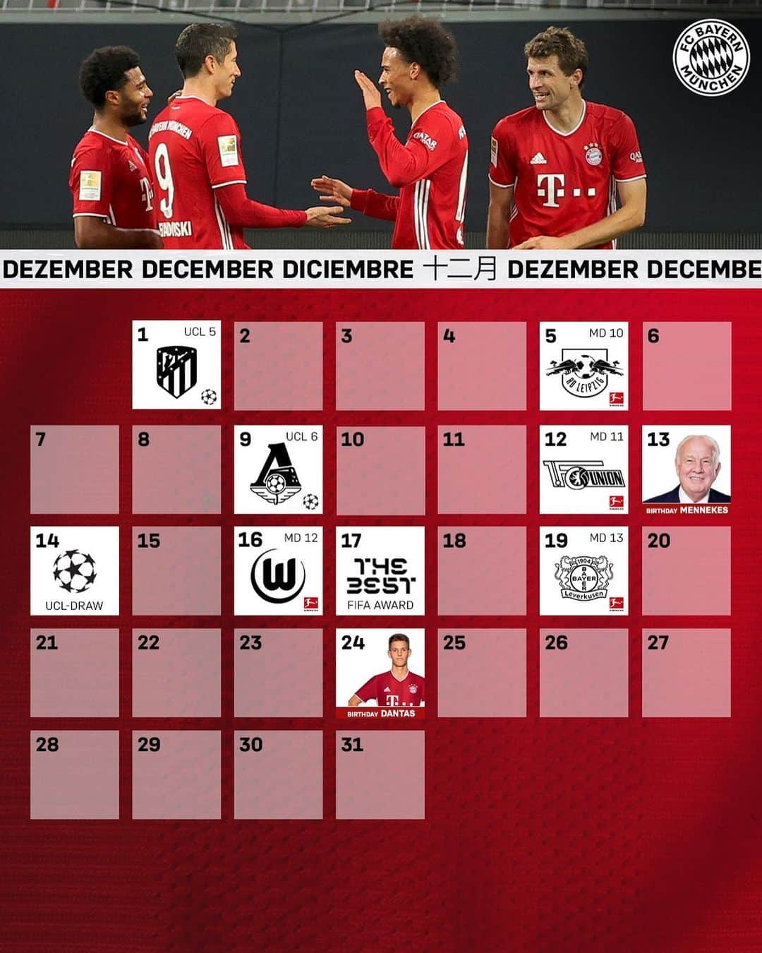 バイエルン・ミュンヘンさんのインスタグラム写真 - (バイエルン・ミュンヘンInstagram)「🗓 Mark your calendars, #FCBayern fans! 👀  Check out what’s waiting for you in December! 🙌⚽️ #packmas #WeiterImmerWeiter _________ #MiaSanMia #UCL #TheBest #football #futbol #Bundesliga」12月4日 1時21分 - fcbayern