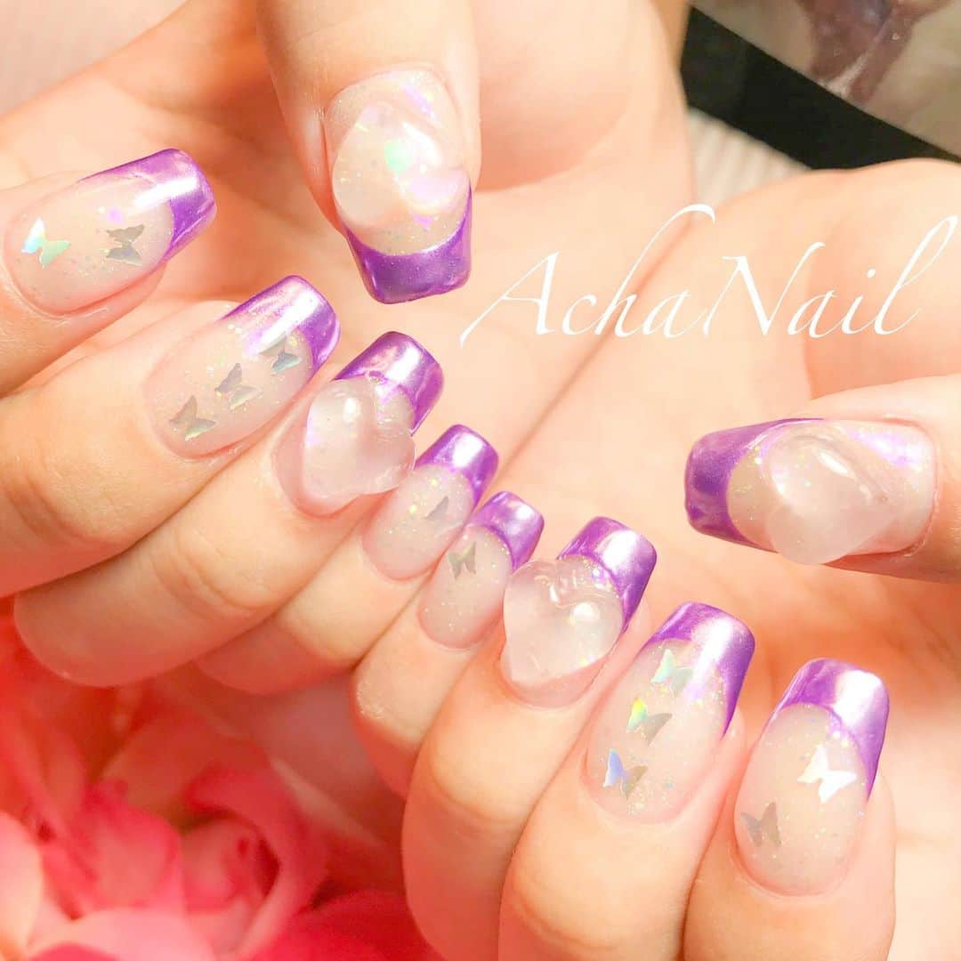 AchaNailのインスタグラム：「オーロラハートドーム💖﻿ ﻿ https://ameblo.jp/acha-nail/entry-12641076862.html﻿ ﻿ #ネイル #ジェルネイル #フィルイン #フィルイン導入サロン #南池袋 #池袋 #池袋ネイルサロン #ネイルデザイン #メタリックフレンチ #フレンチネイル #パープルネイル #メタリックネイル #ハートネイル #蝶々ネイル #バタフライ #オーロラネイル #3Dネイル #locari #Nails #AchaNail #NailStagram #InstaNails #Nailart #JapaneseNailart #NailDesign #Gelnails #kawaii #네일 #日式美甲 #heartnails」
