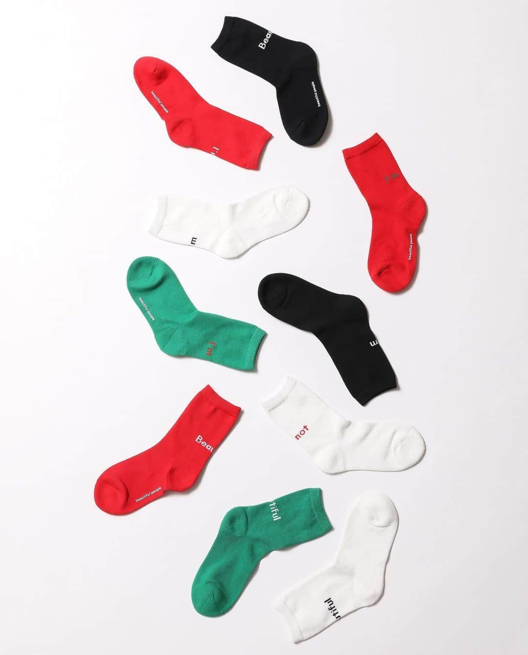 ビューティフルピープルさんのインスタグラム写真 - (ビューティフルピープルInstagram)「HOLIDAY GIFT COLLECTION⁠⠀⁠⠀ ⁠⠀ ■ Sock A Trois 　⁠⠀ COLOR  green / red / white / black⁠⠀ ⁠⠀ 「ソックスは2つで1組」という固定観念を覆す #みっつでひとつ のソック ア トロワに、ホリデーシーズン限定カラーが登場いたしました。⁠⠀ 3つの靴下にはそれぞれ「I’m」「I’m not」「Beautiful」という文字が入っており、その日の気分に合わせて好きな言葉を組み合わせることができます。⁠⠀ 気分が良い日は「I’m Beautiful」、少し落ち込む日があれば「I’m not Beautiful」を選んでみる。⁠⠀⁠⠀⁠⠀ 2つで1通りではなく、3つで3通りも楽しめる遊び心のあるアイテムです。⁠⠀ ⁠⠀ ⁠⠀ ⁠#beautifulpeople⁠⠀⁠⠀ #BPholiday⁠⠀ #bp_GIFT⁠⠀ #SockATrois⁠⠀ ⁠#今の気分のふたつをどうぞ⠀⁠⠀⁠⠀ #ソックアトロワ」12月3日 19時31分 - beautifulpeople_officialsite