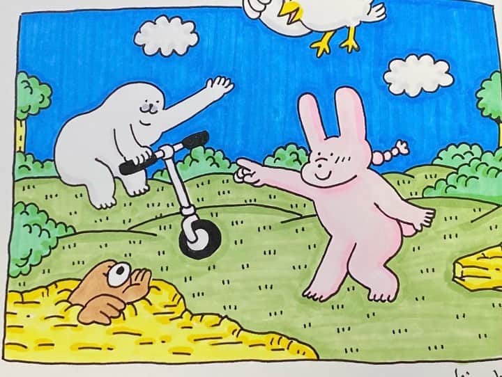 きくちゆうきのインスタグラム：「絵を描いてるところ  #何かを掴んでないとどこかに飛んで行っちゃうアザラシ  #flyingawayazarashi」