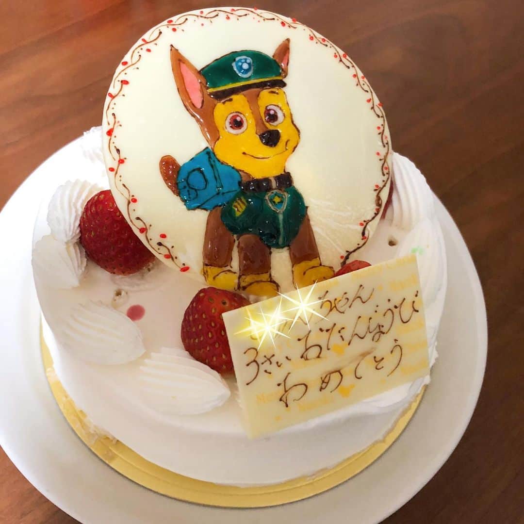 井原早紀のインスタグラム：「昨日、長男が３歳になりました✨  バースデーケーキは、大好きなパウパトロール♡喜んでくれました😄  お喋りが大好きな息子に、  「大きくなったら、なんの仕事する？」と聞くと、、  「かいしゃではたらくよ」  と一言。大人ですね…！笑  そのあと、 「ロケットをつくる」と言っていました👍 親の喜ばせ方をしってるね〜！  ちなみに、2歳のときの夢は、 「オレンジいろのきかんしゃ」です😆 成長したなぁ〜✨✨  以前は、よく風邪をこじらせて、夜間救急に頻繁にかけこんだり、開腹手術も経験した息子。 3歳に近づいて、ぐっと体が強くなった気がします✨  健康1番！ このまま、すくすくと育っておくれ〜🙏  #誕生日#誕生日ケーキ#バースデーケーキ#スイーツ#世田谷区ケーキ#パウパトロール#3歳男の子#3歳誕生日 #男の子ママ#兄弟#育児」