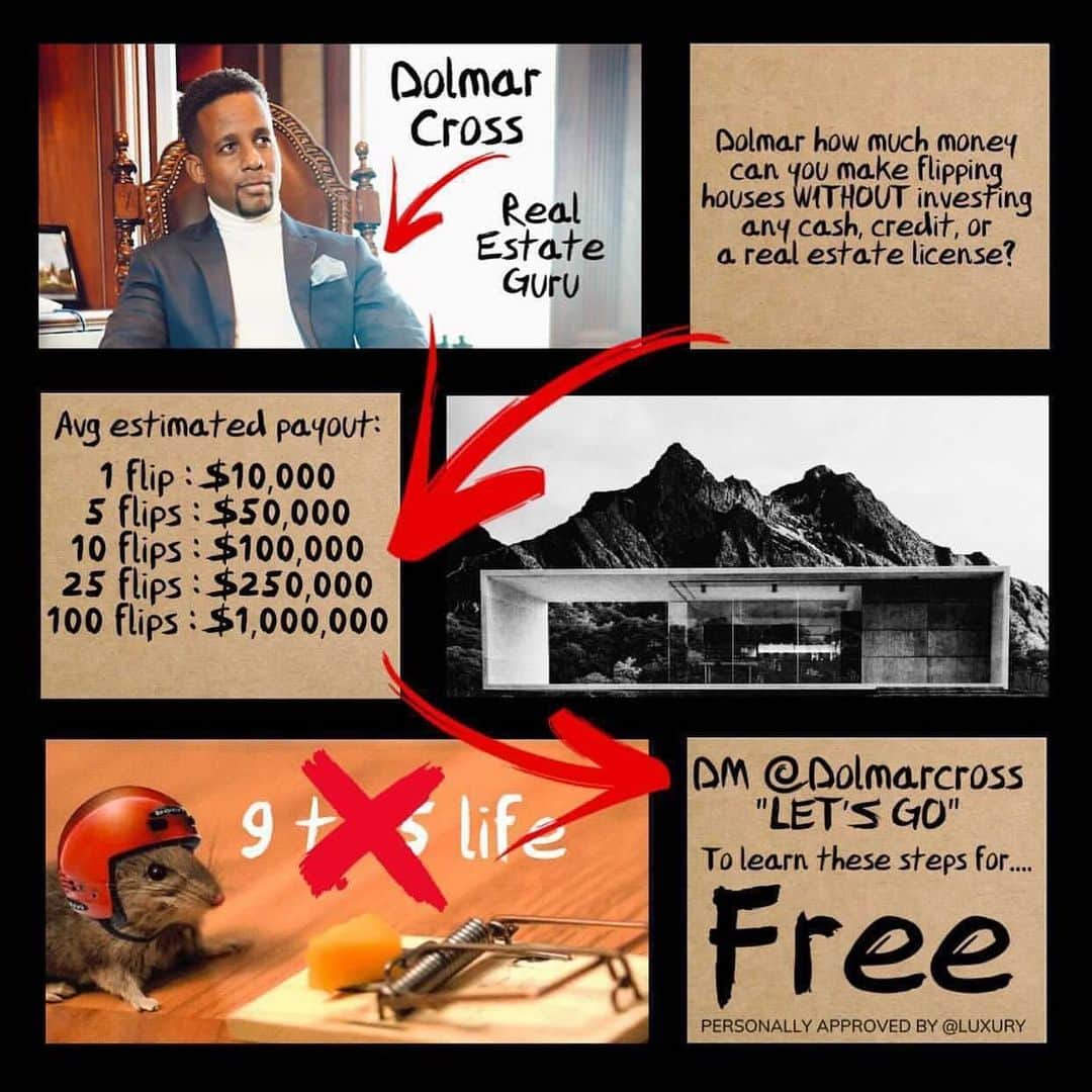 のインスタグラム：「Follow @DolmarCross and DM him “Let’s Go” to learn how you can build a Real Estate flipping empire 📈 during this pandemic.  - Want to make money during this pandemic? 🤔  - Follow/DM: 👉@Dolmarcross  Follow/DM: 👉@Dolmarcross Follow/DM: 👉@Dolmarcross - 2020 is your year - 100% approved by me.」
