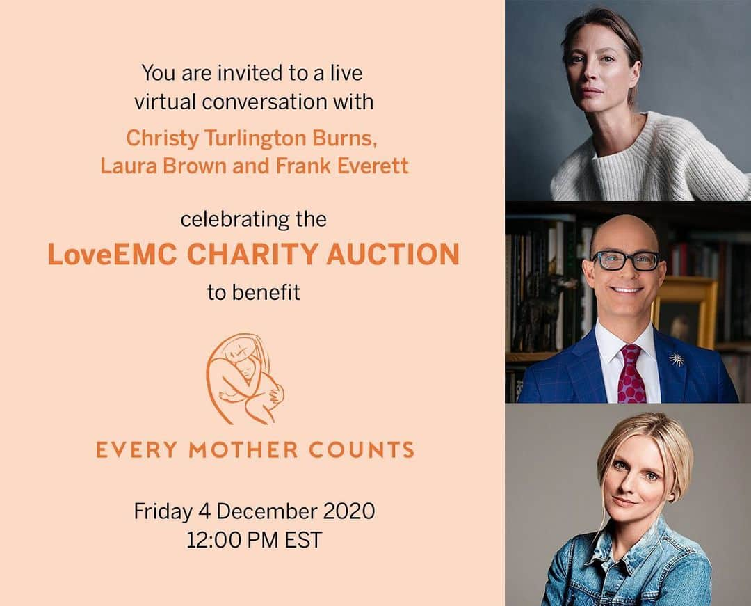 クリスティー・ターリントンのインスタグラム：「This year, @Sothebys is hosting the annual LoveEMC Charity Auction, in which 100% of the proceeds benefit @everymomcounts programs around the world. The online auction is now open for bidding at Sothebys.com through December 7th. Please join me, @instylemagazine Editor-in-Chief Laura Brown (@laurabrown99), and Senior Vice President of @sothebyjewels, Frank Everett (@frankbeverett) this Friday for a very special virtual conversation.  Click the link in bio to RSVP!」