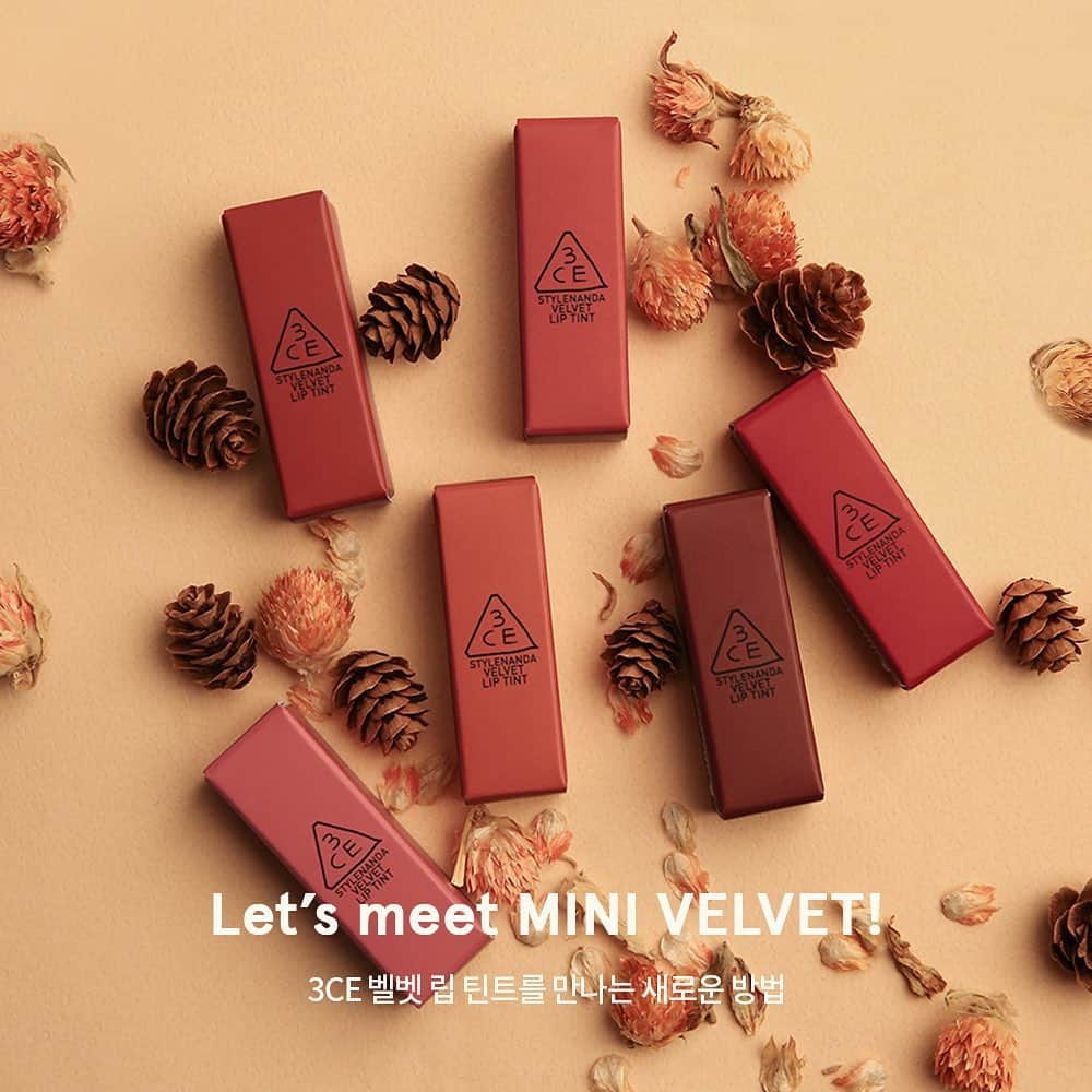 Official STYLENANDAのインスタグラム：「Let's meet Mini Velvet! 스타일난다 온라인 및 오프라인 매장에서 5만원 이상 구매시 3CE '벨벳립틴트' 미니 사이즈 증정💕 -기간: ~12월 31일까지 -올리브영/시코르/면세점/아울렛 제외」