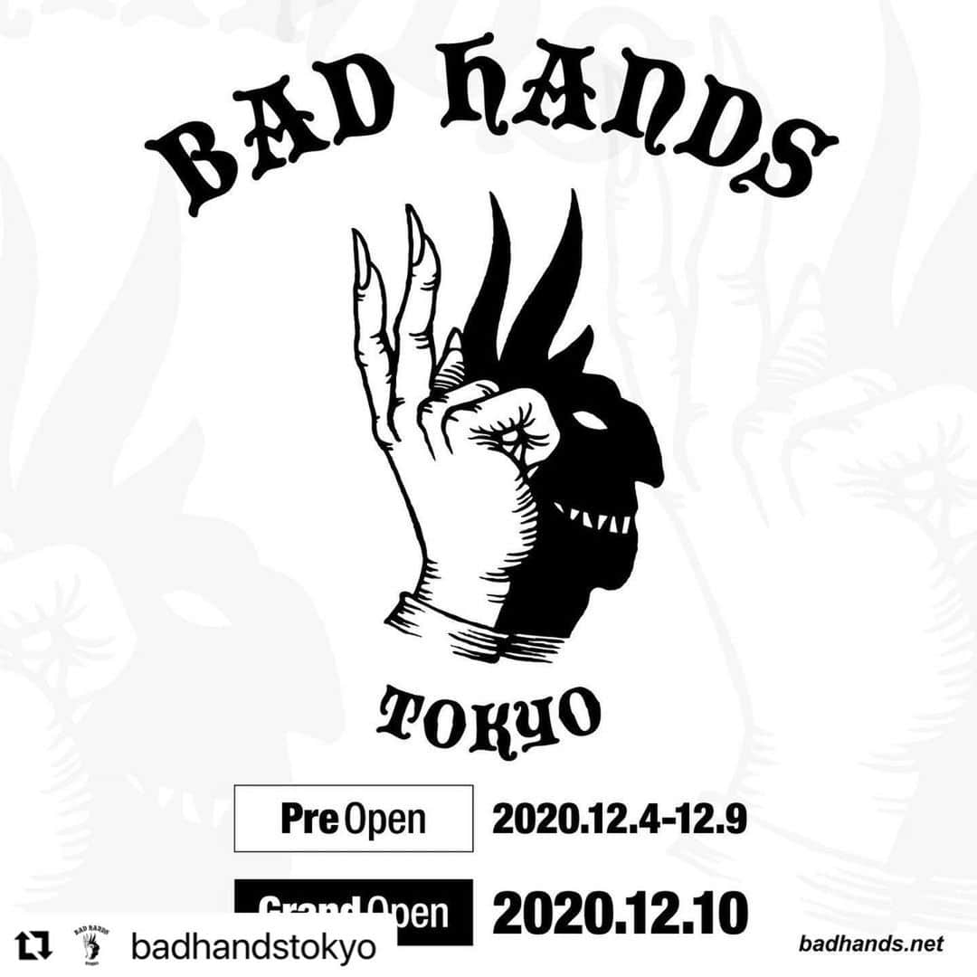 のインスタグラム：「いつもTATTOOで世話になってる @hiroshiirezumi のいる神戸のBAD HANDSさんが東京で原宿にオープンとのことで本日よりプレオープンです！ イケてるグッズもあると思うので、お気軽にマスクしてのぞいてみてください🤘🏻  #Repost @badhandstokyo with @make_repost ・・・ ついに明日12月4日(金)はBAD HANDS TOKYOにてレセプションパーティ！﻿ ﻿ BAD HANDS TOKYOは明日からPre-Openとして営業をスタートします。﻿ ﻿ ・Pre-Open→12/4(金)-9(水)﻿ ・Grand Open→12/10(木)﻿ ﻿ 〒150-0001﻿ 東京都渋谷区神宮前2-18-11 MF神宮前4F﻿ ﻿ 【RECEPTION PARTY】﻿ ﻿ 2020年12月4日(金)にBAD HANDS TOKYOにてプレオープンのレセプションパーティーを行います！12:00から23:00の間でパーティーを行いますので是非遊びに来てください。﻿ ﻿ 当日はもちろん施術可能です。﻿ 当日は @tattooer_tocchi と @monsterattackk がいますので施術のご予約、ご相談は @badhandstokyo までお問い合わせください。施術をされない方もウェルカムですのでお気軽にお越しください！﻿ ﻿ 当日新型コロナウイルス感染予防対策を取らせていただきますので皆様のご協力をお願いします。﻿ ﻿ 当日は他のテナント様のご迷惑になるのでBAD HANDS TOKYO以外のフロアへの出入りはご遠慮下さい。﻿ またビルの前に溜まるのもご遠慮下さい。﻿ ﻿ それでは皆様とお会いできるのを楽しみにしています！﻿ ﻿ We have pre opening reception party on Dec 4th at BAD HANDS TOKYO!!﻿ 12PM-11PM!!﻿ ﻿ ・Pre-Open→Dec 4th-9th﻿ ・Grand Open→Dec 10th﻿ Everyone is welcomed!!!! Hope to see you there!!!! Wear mask and wash your hands!!!」