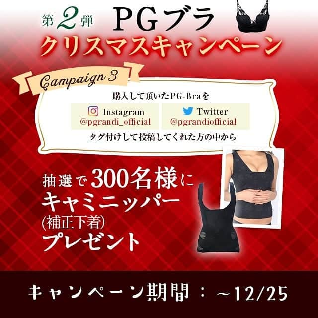 p-grandi☆育乳マッサージのバストアップ専門店さんのインスタグラム写真 - (p-grandi☆育乳マッサージのバストアップ専門店Instagram)「#PGブラ 『第2弾 #クリスマス キャンペーン』  12月の三大プレゼント特典❗ 【総額1,000万】越えのプレゼントご用意致しました🙇  【特典１】 ◆12/4～12/31 期間内に公式サイトよりPGブラをご購入頂いたお客様全員に、PGブラ公式サイトで使えるクーポン券500円をプレゼント🎵 ※2021/1/31まで有効 ※お1人様1回限り  【特典２】 ◆12/4～12/20 大人気バスト専用ソープ【エミュアス】を1日50名様（総額823万円分）にプレゼント🎵 https://belletia-paris.net/shop/products/emuas01  【特典３】 ◆12/4～12/25 SNS投稿キャンペーン🎵 購入して頂いたPGブラを、  ・インスタグラムのストーリーで@pgrandi_officialをタグ付け  ・ツイッターで@pgrandiofficialをタグ付け  して投稿して頂いた方の中から抽選で、キャミニッパー【レジェール】を300着（総額214万分）プレゼント🎵 https://belletia-paris.net/shop/products/legerere01  ご購入はこちらから https://pg-bra.com/shopping/lp.php?p=lp01  ☺☺☺  是非この機会にご購入下さい😍」12月4日 10時36分 - pgrandi_official