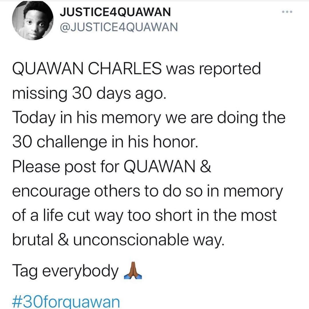 ジェイミー・チャンのインスタグラム：「This sweet child was murdered and terribly disfigured. Today marks 30 days of his disappearance. Praying for him and his family. #30forquawan」