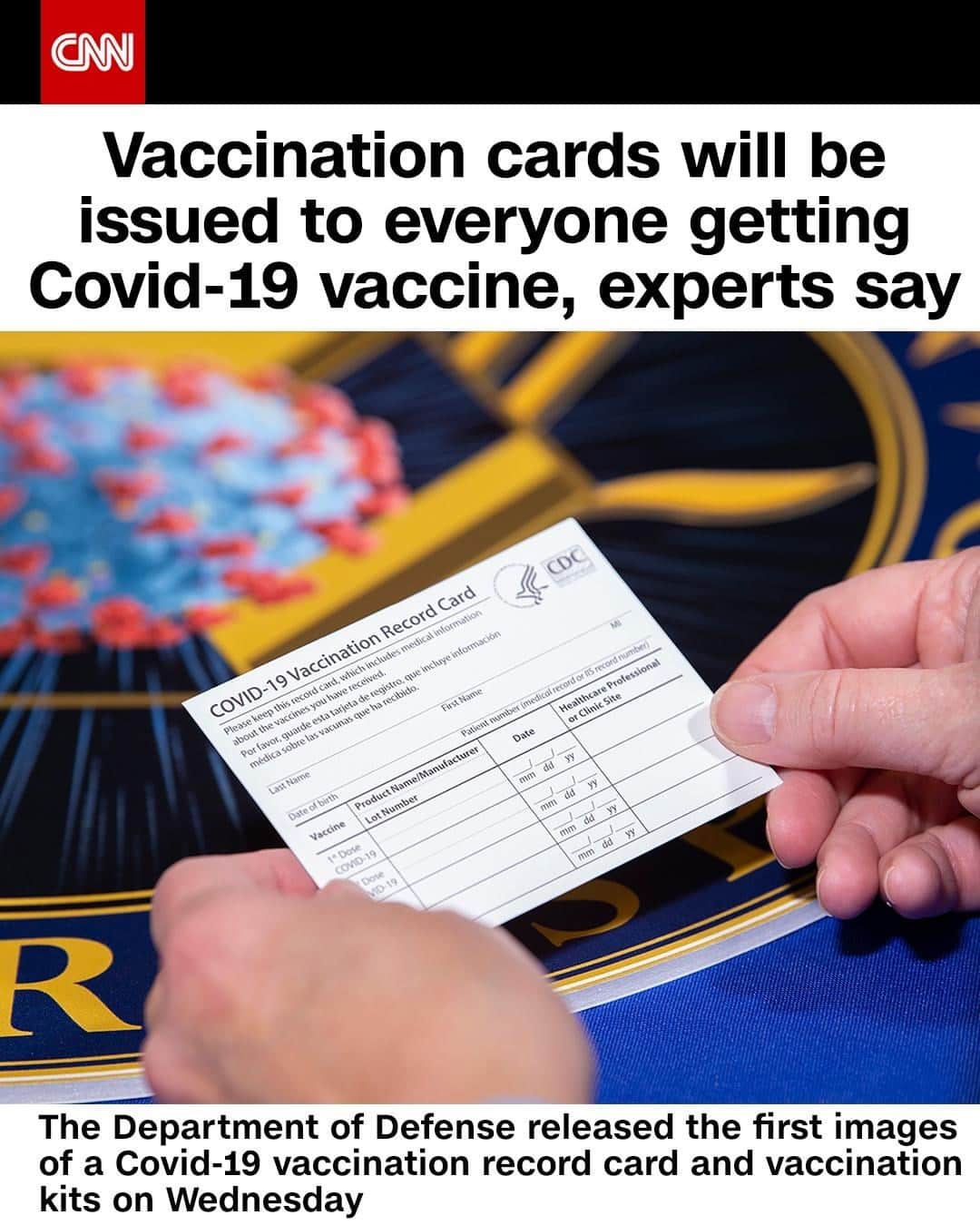 CNNさんのインスタグラム写真 - (CNNInstagram)「Operation Warp Speed has 100 million vaccine kits ready to go if and when distribution of a coronavirus vaccine starts, Gen. Gustave Perna, Warp Speed’s chief operating officer, said last month. They include a written vaccination card that looks like this. The images were released Wednesday as two companies — Pfizer and Moderna — await emergency use authorizations (EUAs) in the US. A panel with the US Food and Drug Administration is expected to discuss whether to authorize the EUAs on December 10 and 17.⁠ ⁠ (📸: EJ Hersom/Department of Defense)」12月4日 4時05分 - cnn