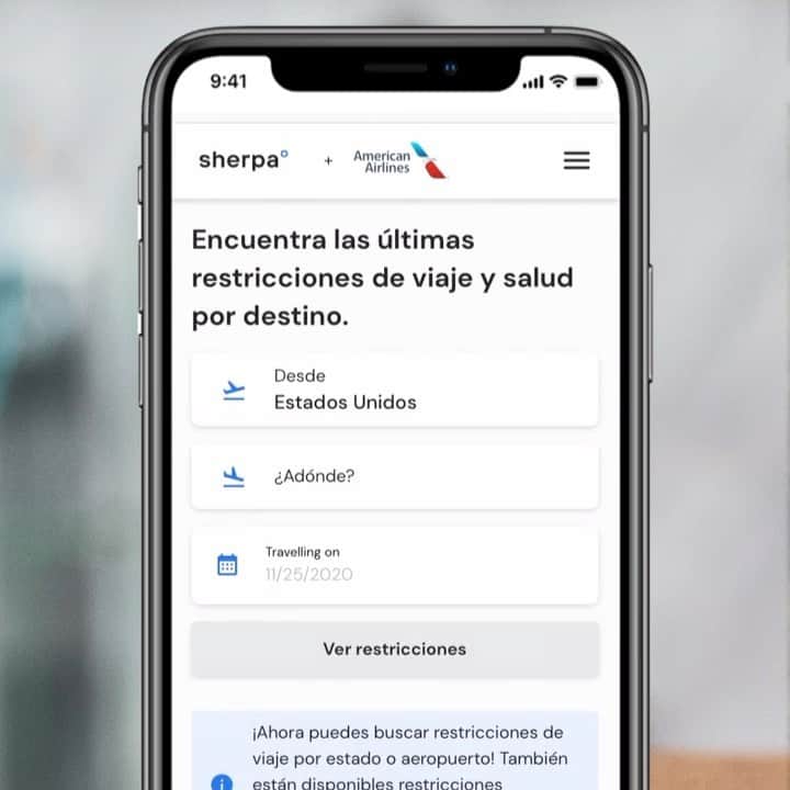 アメリカン航空のインスタグラム：「¿Listos para viajar? With our Sherpa travel tool, now available in Spanish, customers can learn the most up-to-date COVID-19 travel guidelines and requirements. Link in bio.」