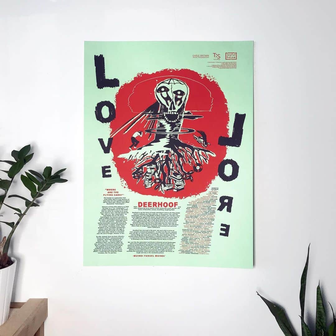 ディアフーフのインスタグラム：「In case you missed it, you can still download our last album Love-Lore for free! To celebrate the release we also put out a poster featuring the cover artwork done by Satomi. It's hand-screened, hand-numbered 18"x24" and also includes an essay by @solutionsforpostmodernliving , and the complete tracklist of LOVE-LORE. Limited to 500 copies! Link in bio. And thanks to @joyfulnoiserecs for these photos, if this was my house the plants would be dead.」