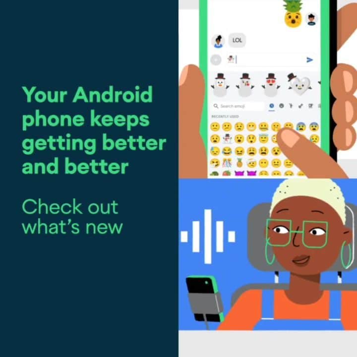 Androidのインスタグラム：「The more helpful, the merrier 🎉 Check out what’s new with Emoji Kitchen, Voice Access, auto-narrated audiobooks, Go Tab in Google Maps and more on #Android.」