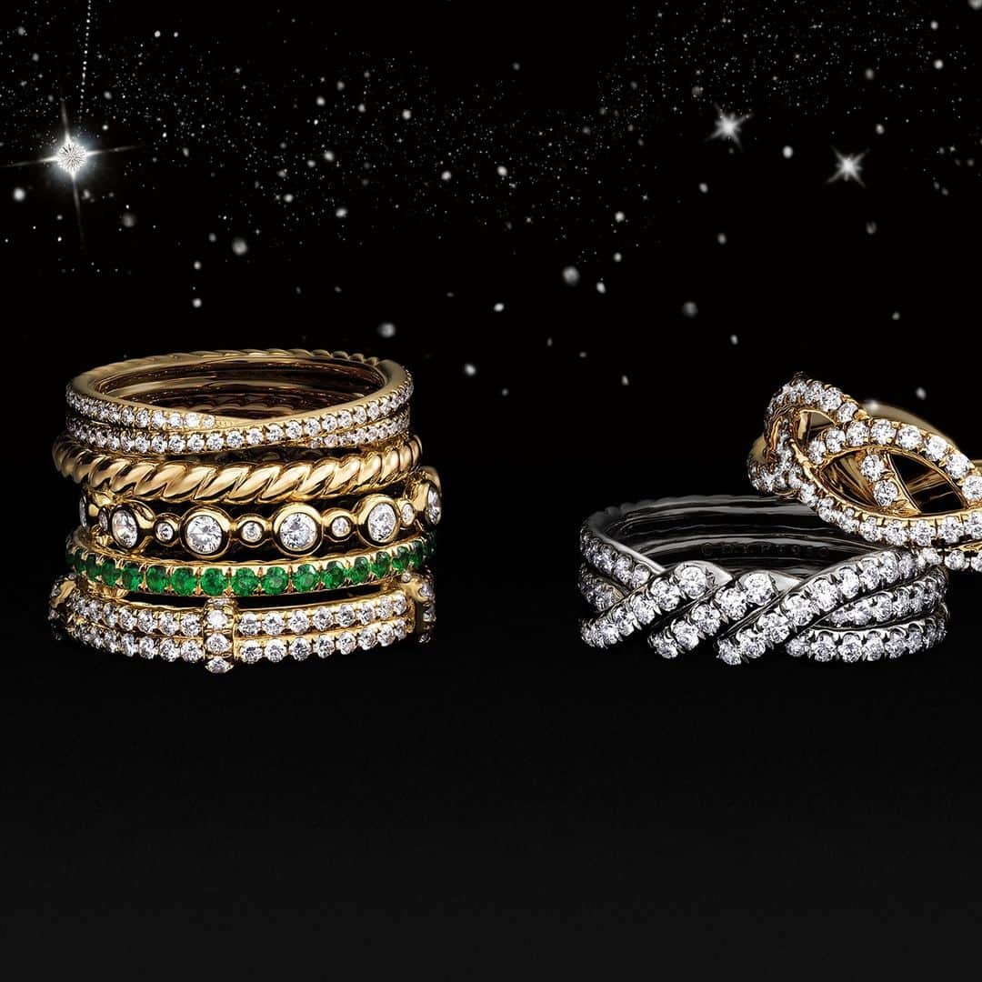 デビッドヤーマンのインスタグラム：「Better together. Layer diamonds, tsavorites and Cable to celebrate your union. Discover #DavidYurman wedding bands via our bio link.」