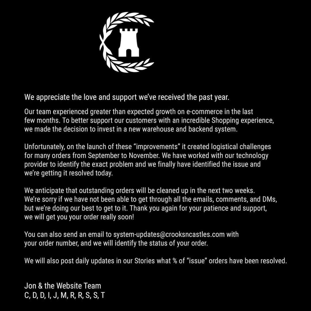 Crooks & Castlesのインスタグラム：「Thank you all for the support this year from our new & longtime fans 🙌🏽. An update from our Website manager on some challenges that came with our growth this year. Stay safe, stay tuned!」
