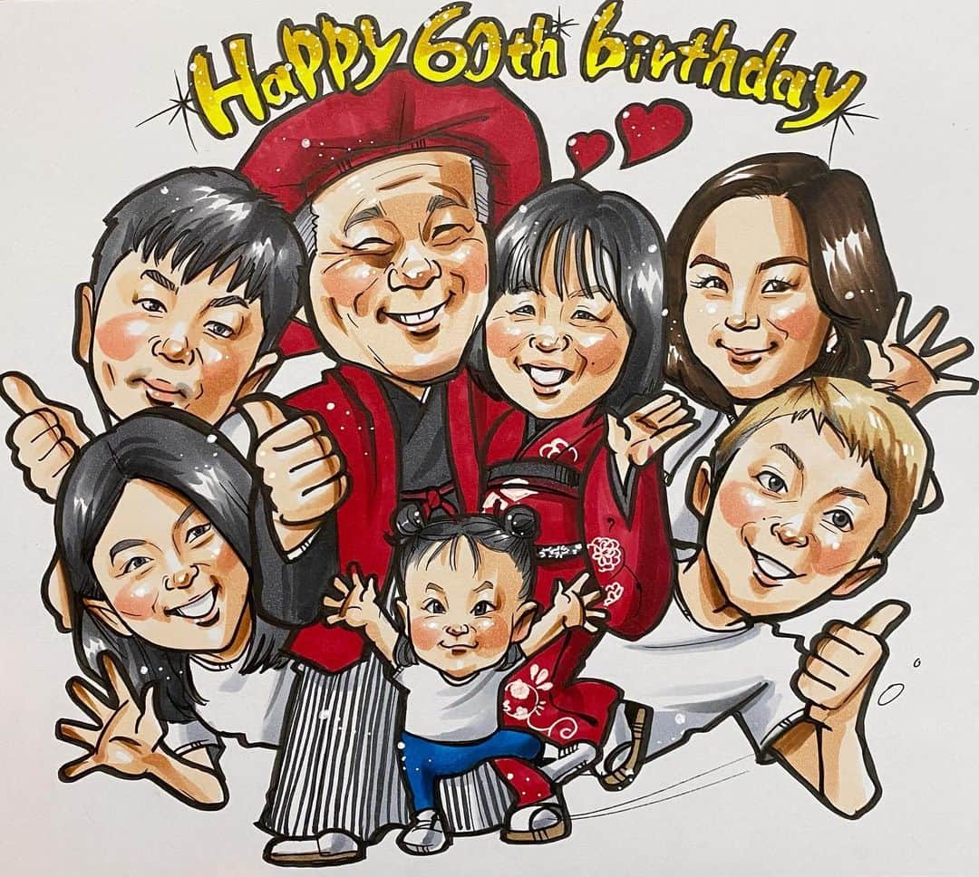 似顔絵★𝗚𝗢𝗥𝗜𝗞𝗜𝗡𝗚のインスタグラム：「. . . 同じ方からの二枚目⭐️✨　. . . こちらは、ご両親への還暦のプレゼントとして🎁⭐️✨ . . ご両親を中心にみんなでお祝いです🥂💕  . . これからも元気一杯のご家族で お過ごし下さいね😘❤️  . . 還暦おめでとうございます㊗️💕  ご依頼ありがとうございました🙇‍♀️✨⭐️  . . .  ❌❌現在は、予約受付終了してます❌❌ 。 . . .  2020年度ご予約のお客✨ 現在135番までの方へ案内中です🌟✨💕 DMの確認いただきgmailへ返信宜しくお願い致します🙇‍♀️🌟✨✨ . . . .  次回の予約応募は、2020年のご予約分を書き終える予定の 来年春から夏頃の、、、予定です。 ※あくまでも予定なので前後します🙇‍♀️ . . . .  オーダー再開の際には 人数制限あるため必ず予約ができるわけではございません。 そのことも踏まえた上で 次回ご検討いただけると嬉しいです(^^) . . また、結婚式の使用を考えてくださる方も多いです✨  前々からお伝えしていますが、 基本的に予約順に対応しているため、 近々の納期を希望される方は、 対応できないこともあるので、 あらかじめご了承ください💦 . . . . . ※今回予約が取れた方へ※ . .  写真がまだ用意できてない、入金が遅れそうなど、状況により、順番が前後することもございます‼️ あらかじめご了承ください。 。 . . . また、芸能人、キャラクターのオーダー、パロディ風オーダーはお断りしています。  芸能人については、ご本人様に直接プレゼントなどはOKです。 . . . . . . 💰料金表は過去投稿記事みてね❤💰 . . . . . ➡️ハッシュタグ⇨ goriking117料金表2019⬅️ . . ✨✨✨✨✨✨✨✨✨✨✨✨✨✨✨✨ @by.goriking のアカウントでは、 過去書かせて頂いたお客様方からの、 似顔絵のその後のお写真をいただき、 投稿しております^ - ^❤️❤️ 玄関に飾ってある似顔絵、 渡した瞬間のお写真、 ご本人とのお写真などなど💕 いろんな場面でのお写真お待ちしております^ - ^✨⭐️ . . . .  #似顔絵#pencildrawing#drawing#pencil#illust#painting#art#artwork#絵描きさんと繋がりたい#似顔絵師#gorikingの似顔絵屋さん#仲良し家族#仲良し夫婦#還暦#還暦のお祝い#60歳#ありがとう#感謝#プレゼント#🎁#present#両親#comicart#anime#animeart#comicartist#animejapan」