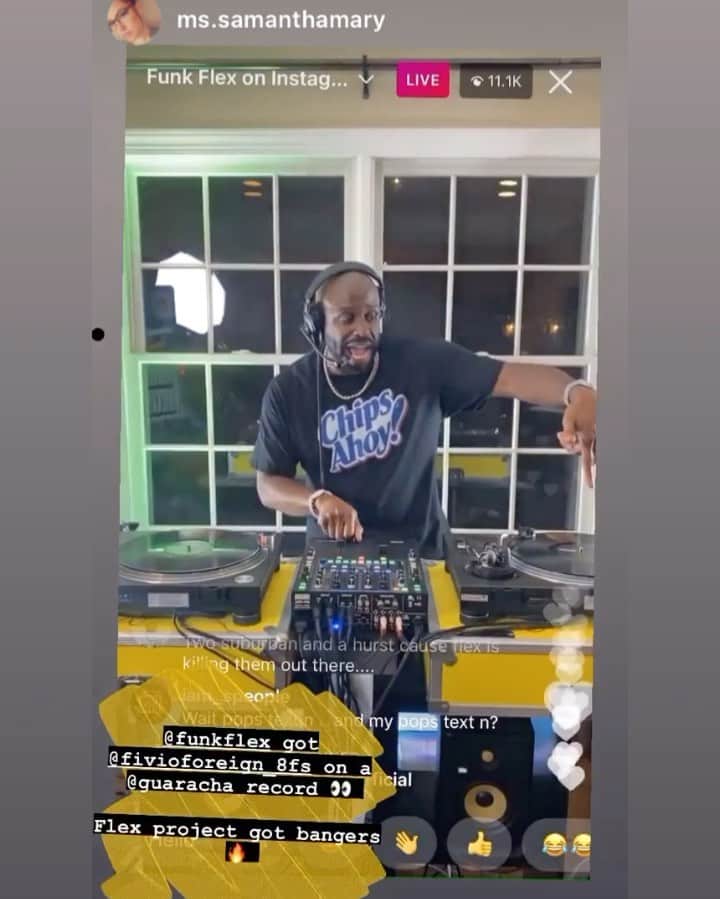 ファンクマスター・フレックスのインスタグラム：「EVERY THURSDAY 9PM! THIS WEEK 12K PARTY PEOPLE AT ONE TIME IG LIVE! I appreciate everyone that joined us! FunkFlex on the set! Check this joint off my album! @funkflex / @djdayvi / @fivioforeign_8fs   Powered by: @dodgeofficial   I’m still swollen! My results will be in shortly! @elitebodysculpture   Thanks @jellz / @crowdcontroldigital  Vid via: @ms.samanthamary  Producer @tatwza Sound @djhrnyc  WHAT U WANNA HEAR NEXT WEEK?」