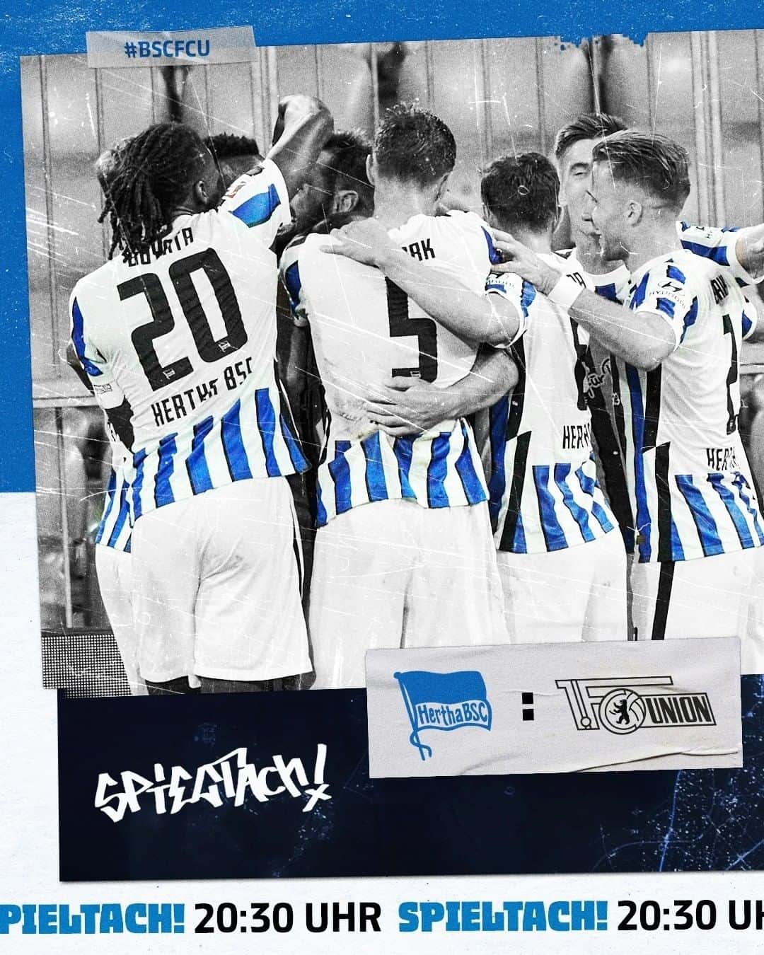 ヘルタ・ベルリンのインスタグラム：「ES. IST. DERBYTACH! Holt die Fahnen raus und zieht euer Lieblingstrikot an! 🔵⚪️ . . #BSCFCU #derby #HaHoHe #herthabsc」