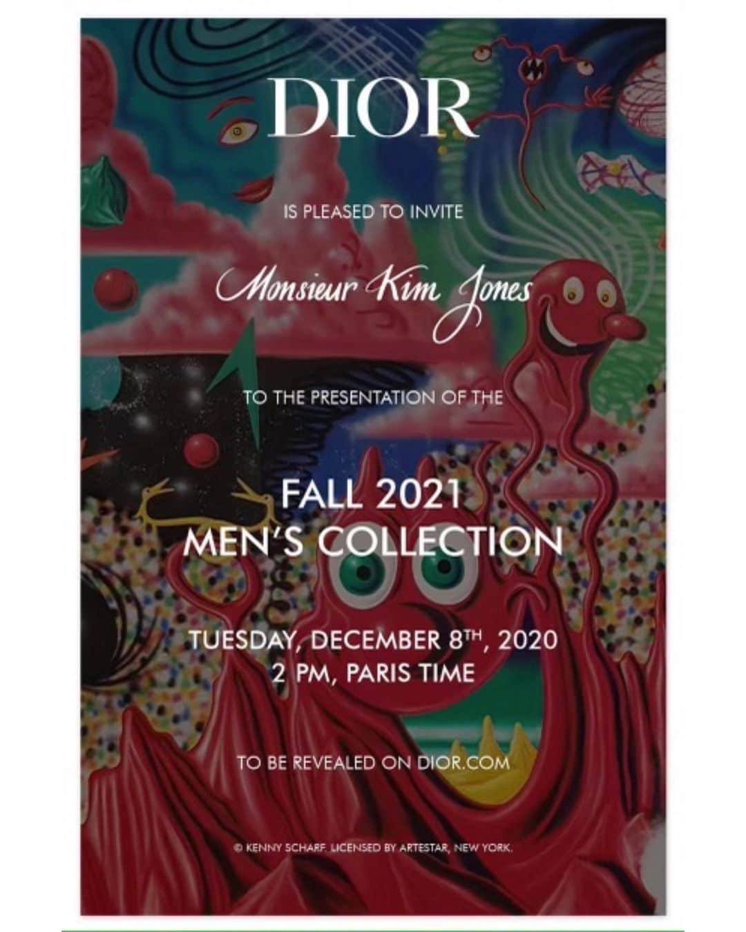 キム・ジョーンズのインスタグラム：「@dior fall show in 4 days time featuring @kennyscharf 💙💙💙 watch it on dior.com Tuesday 8 th December2 pm  Paris time  How do you say ......... Dior ?」