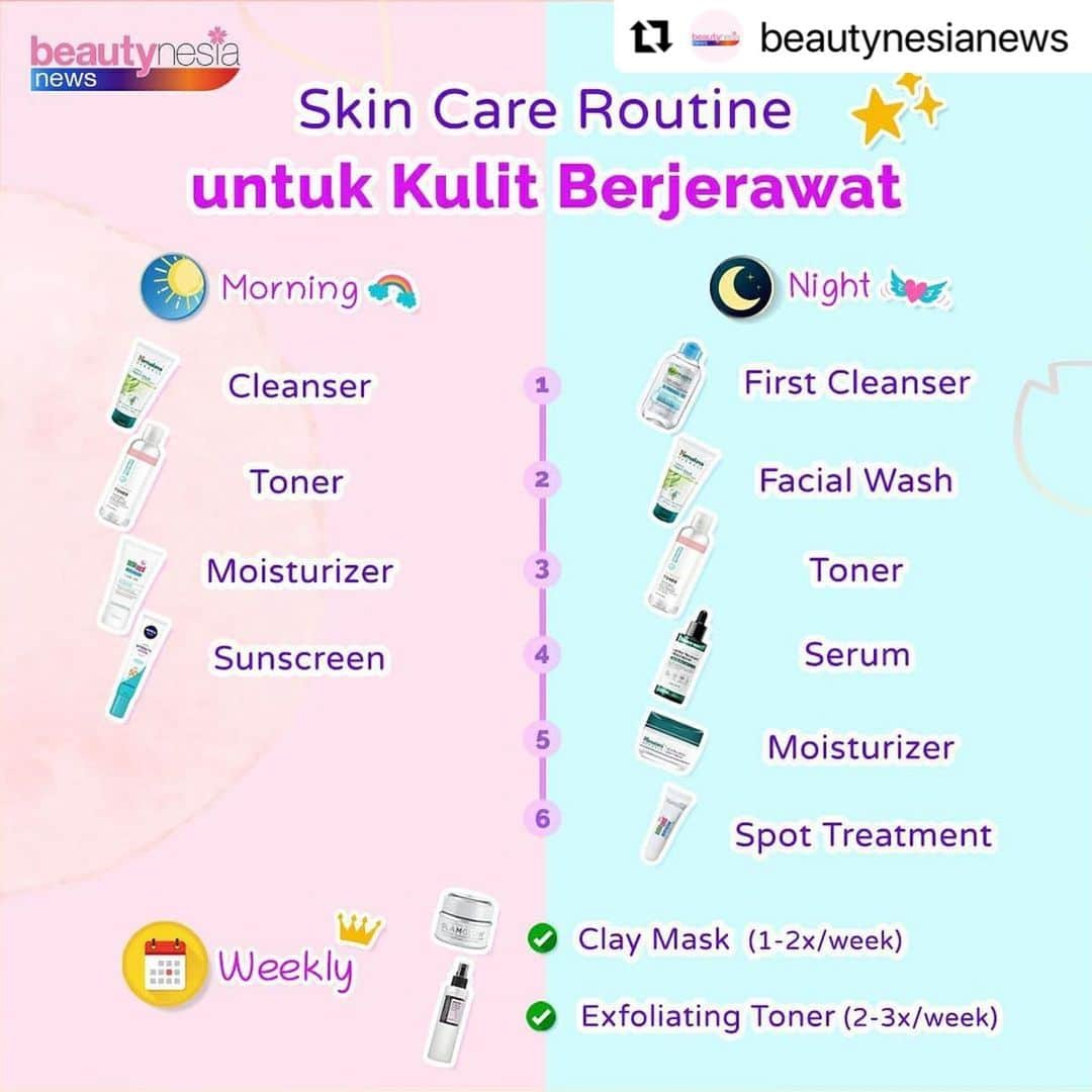 Beauty | Health | Fashionさんのインスタグラム写真 - (Beauty | Health | FashionInstagram)「#Repost Follow @BeautynesiaNews untuk info lebih lanjut ✨ ・・・ Buat kamu yang lagi punya masalah dengan kulit jerawat, yuk berjuang bareng bareng! Untuk merawatnya gak bisa di diamkan aja beb, tapi butuh perawatan khusus dengan menggunakan skincare setiap pagi dan malam. Pastikan setiap pagi kamu jangan sampai skip sunscreen ya, dan juga harus selalu reapply. Nah untuk malam gak boleh skip spot treatment dan juga exfoliating. Eits tapi ingat exfoliating cukup 2-3 kali aja dalam seminggu ya. ⁣ ⁣ Kalo kamu bingung urutannya, yuk langsung save postingan ini biar kamu gak lupa. Mention temen kamu juga yuk, supaya bisa glowing bareng bareng 😘🥰⁣ ⁣ Hayo udah skincarean belum nih malem ini? ⁣ ⁣ —⁣ ⁣ BeautynesiaNews #Glowing2020 #Skincare  #FacialWash⁣  #TipsCantik #TipsKecantikan #MengatasiKulitKusam #RekomendasiSkincare #OilySkinCare #FacialWashKulitBerminyak #MengatasiKulitBerminyak #KulitBerminyak #SkinCareRoutine #MorningSkinCareRoutine #NightSkinCareRoutine #SkinCareRemaja #SkincareKulitberminyak #Bruntusan #kulitberminyak #masalahjerawat #jerawatpasir #acne #acneproblem #acnetips #mengatasijerawat #jerawathilang #jerawatparah #skincarejerawat」12月4日 18時50分 - beautynesia.id