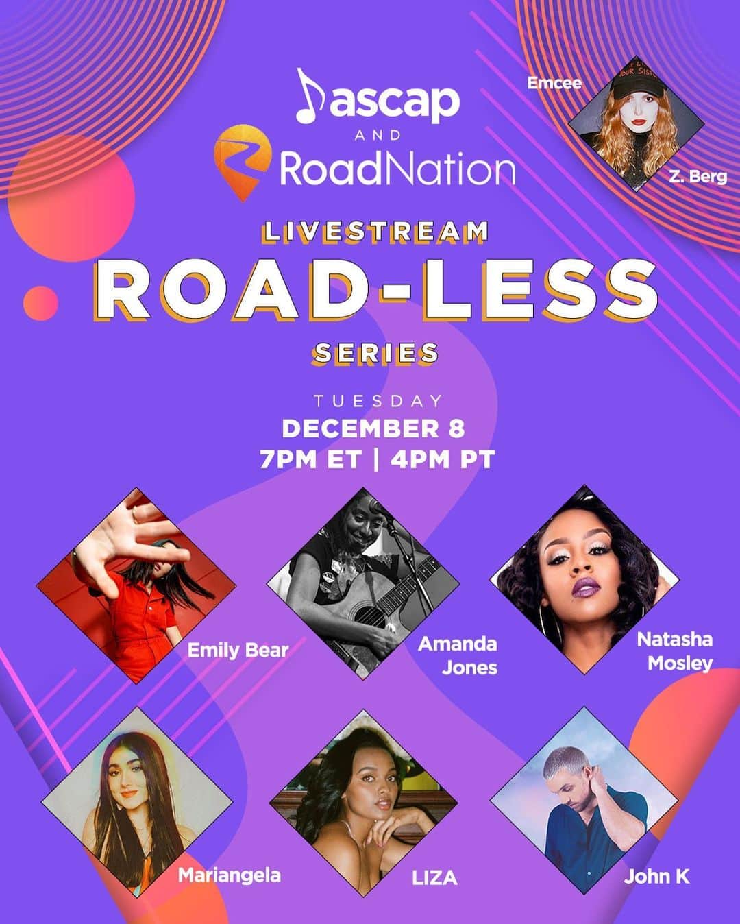 ASCAPさんのインスタグラム写真 - (ASCAPInstagram)「🚨 SHOWCASE ALERT 🚨   Tune in to the ASCAP X @roadnationofficial Road-Less Series, streaming live on @twitch this coming Tuesday Dec 8 at 7PM ET  4PM PT, featuring: @mlebear  @amandacomposer  @natashamosley  @mariangelaguerra  @johnkmusic  @lizayohannes Emcee @zeezerizer  If you'd like the opportunity to perform on our next #ASCAP X #RoadNation Livestream in January, sign up today at the 🔗 in our bio.」12月5日 4時42分 - ascap